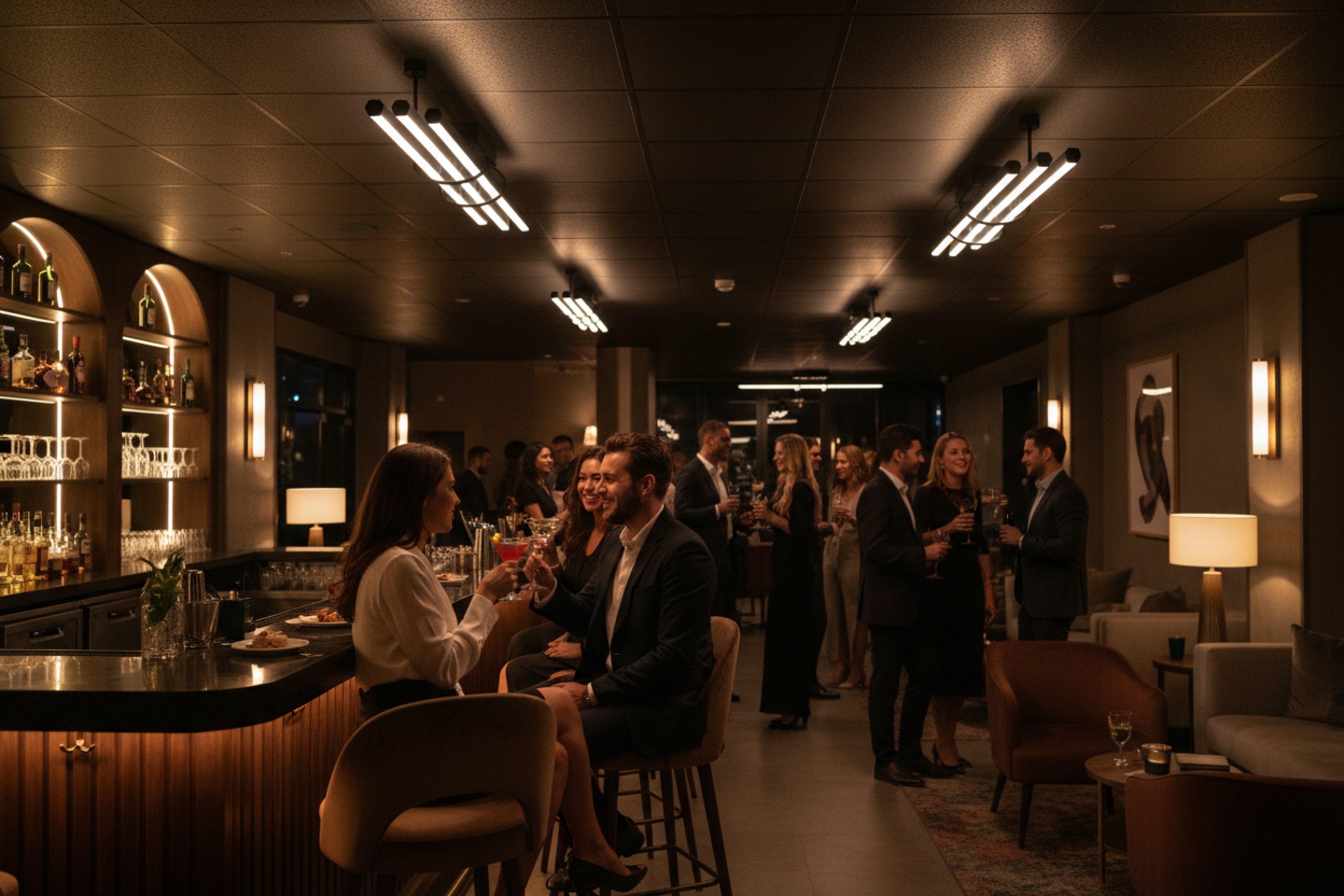 Modern bar ve sosyal alanlarda premium bir ambiyans yaratan Cosmo siyah plafonyerler.