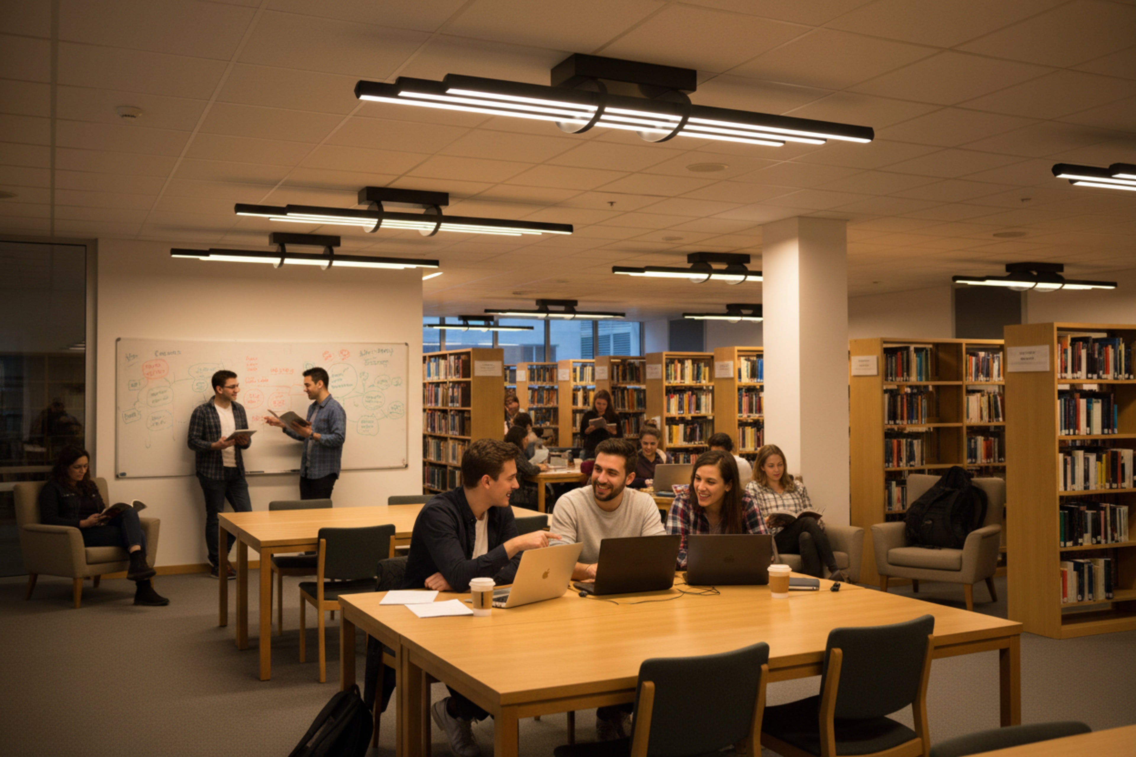 Okuma salonu ve kütüphane gibi modern iç mekanlarda kullanılan lineer LED aydınlatma.