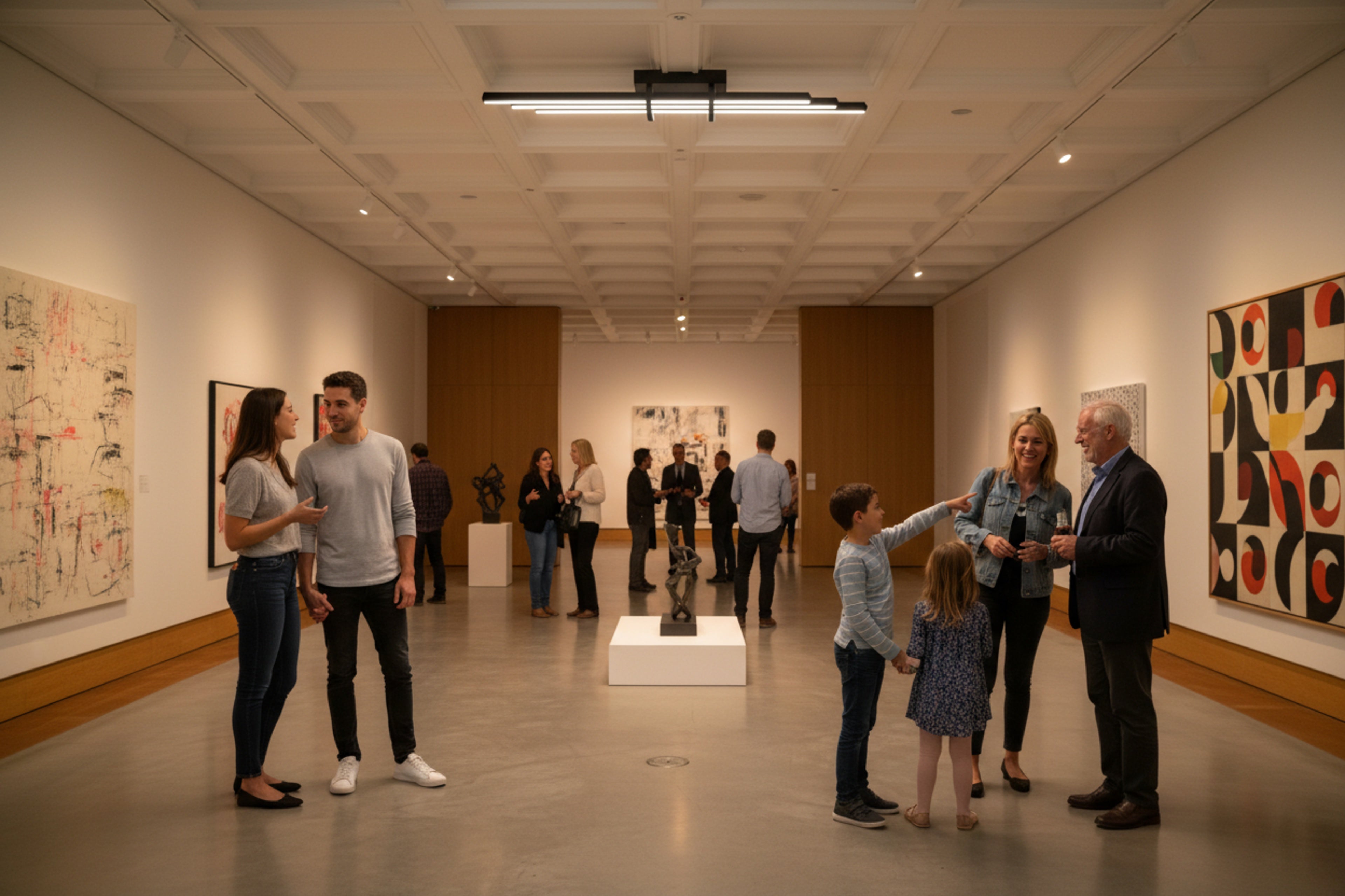 Sanat galerisinde eserleri vurgulayan minimal tasarımlı siyah metal tavan lambası.