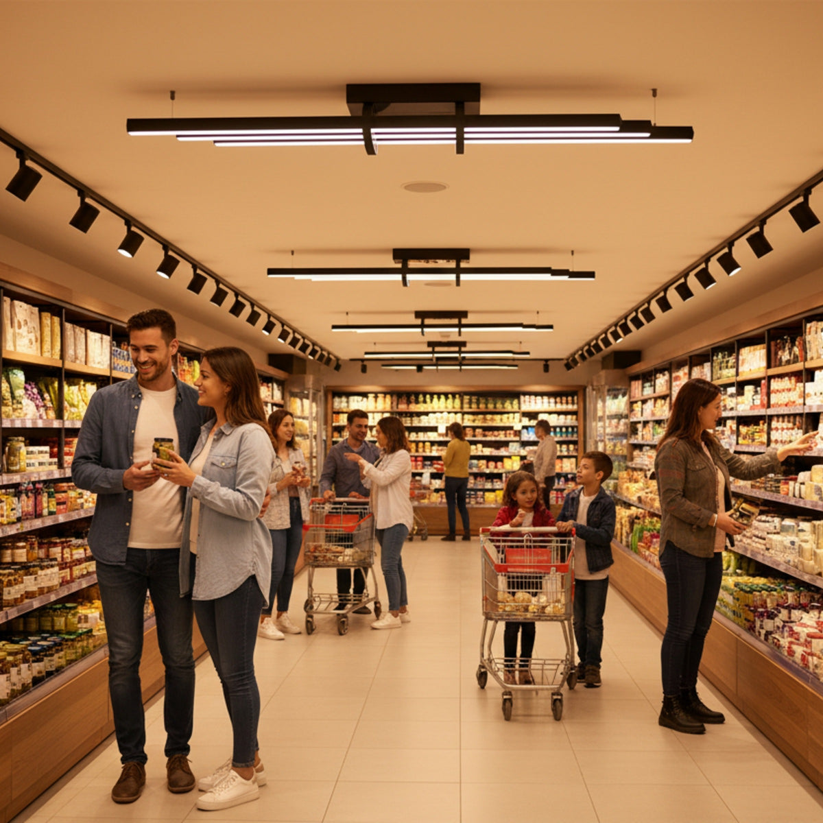 Lüks market reyonlarında Cosmo Downlight plafonyer aydınlatma ile ferah alışveriş atmosferi.