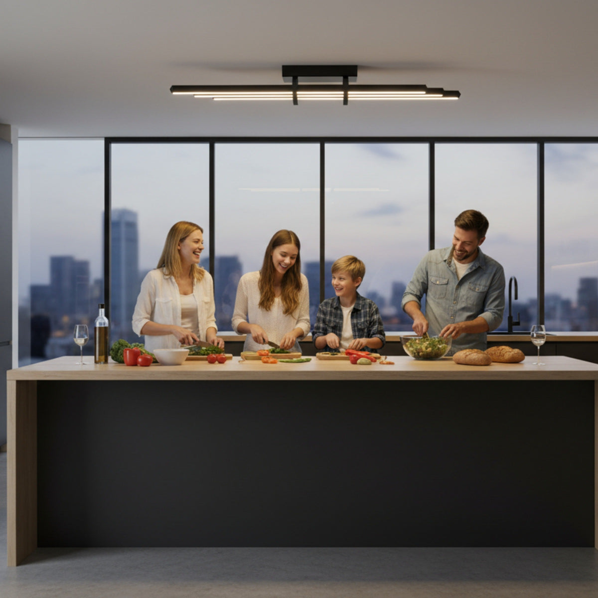 Modern bir mutfak adası üzerinde konumlandırılmış siyah Cosmo plafonyer avize altında yemek hazırlayan mutlu bir aile.
