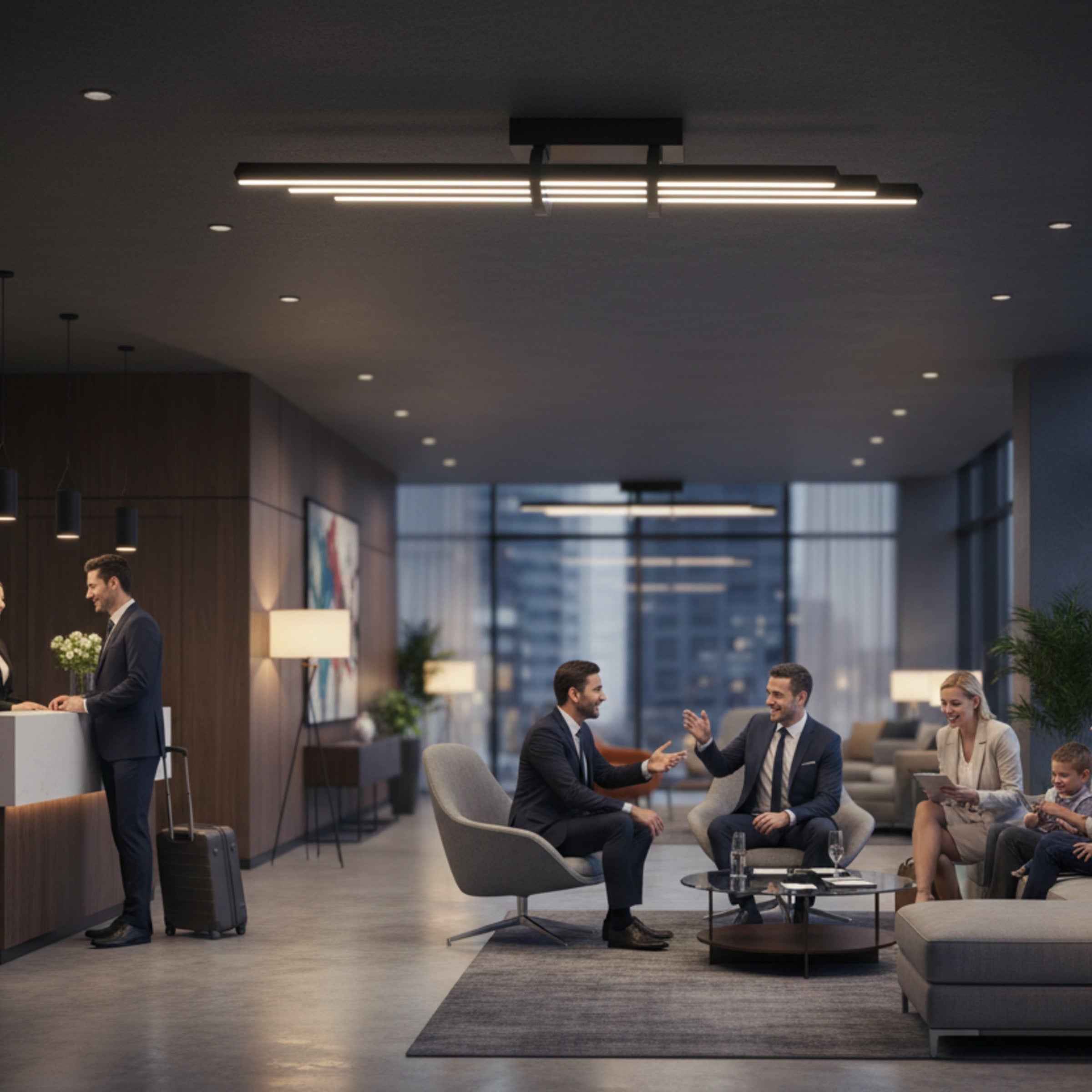 Lüks otel lobisinde modern tasarımlı siyah Cosmo downlight plafonyer aydınlatma armatürü.