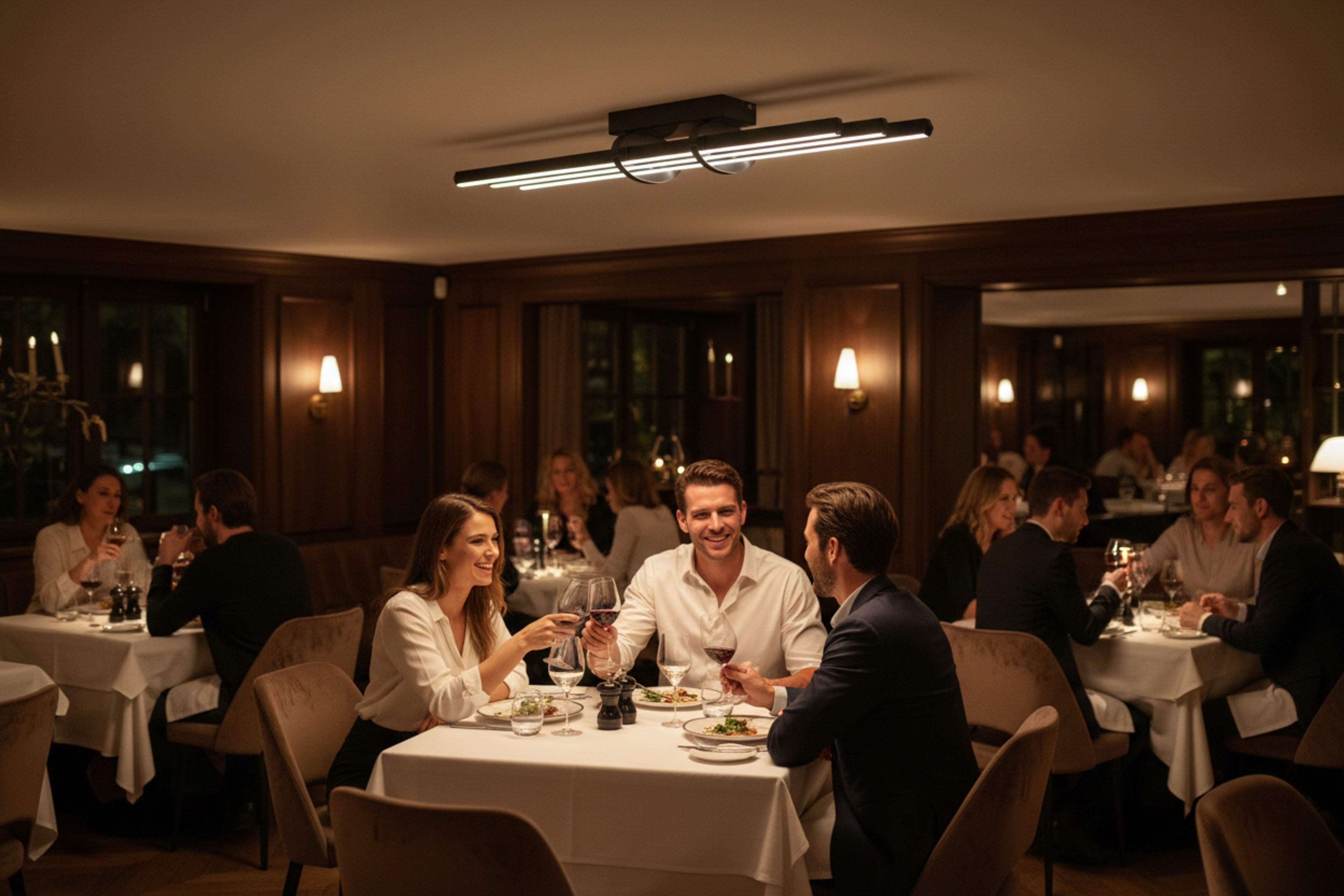 Lüks restoran atmosferinde masaları zarifçe aydınlatan modern lineer LED plafonyer.