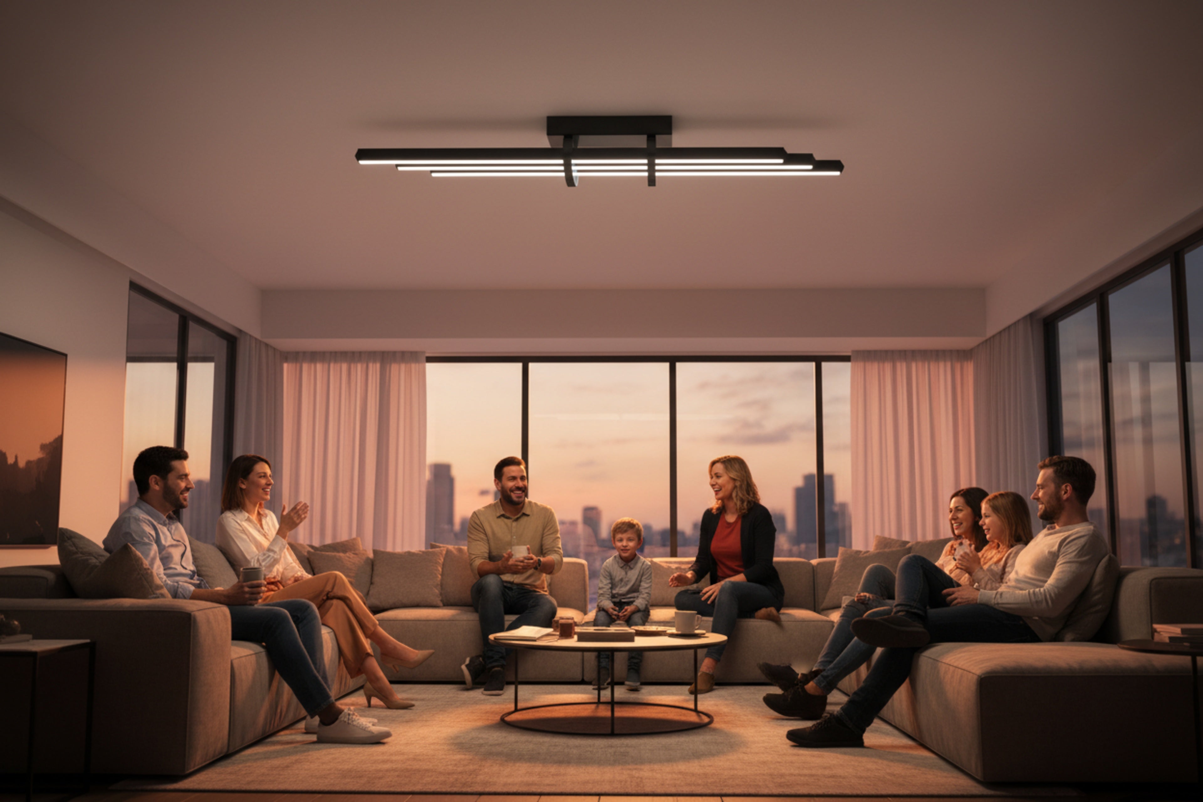 Şehir manzaralı modern salonda aile ortamını aydınlatan lüks Cosmo tavan lambası.