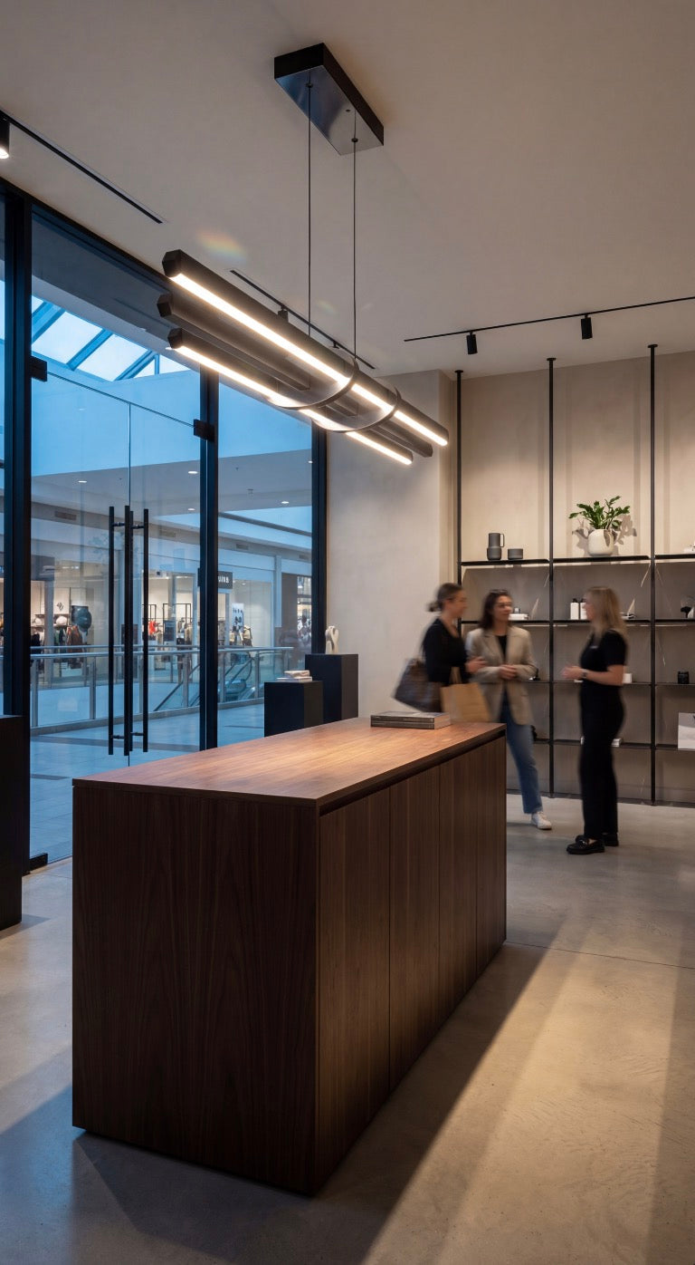 Modern iç mekan butik mağaza giri şinde ahşap tezgah üze rinde sergilenen Cosmo Up & Down siyah me tal sarkıtın zarafet i.