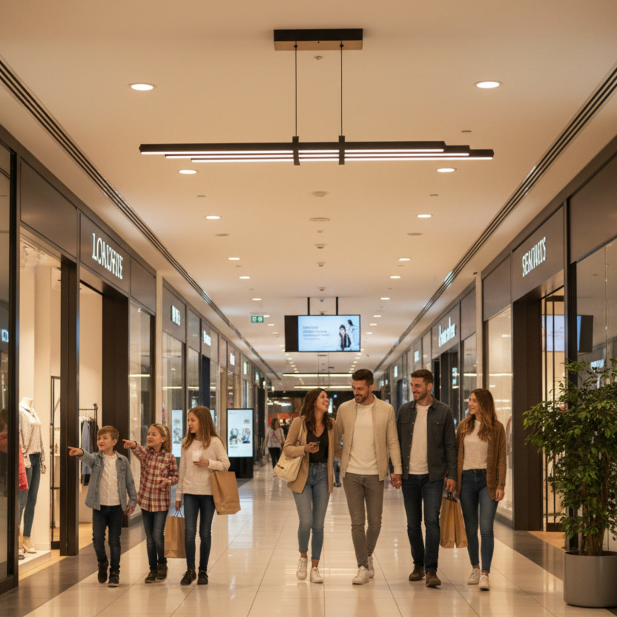 AVM ana koridorunda gezen ailelerin üzerinde parlayan Cosmo Downlight siyah linear sarkıt aydınlatma.