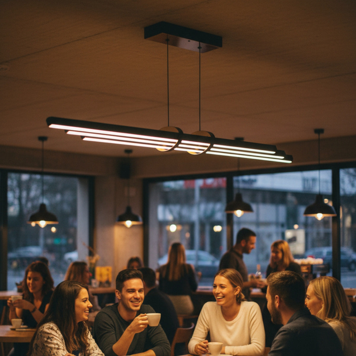 Modern cafe ortamında Cosmo Downlight linear sarkıt avize altında sohbet eden insanlar ve sıcak atmosfer.