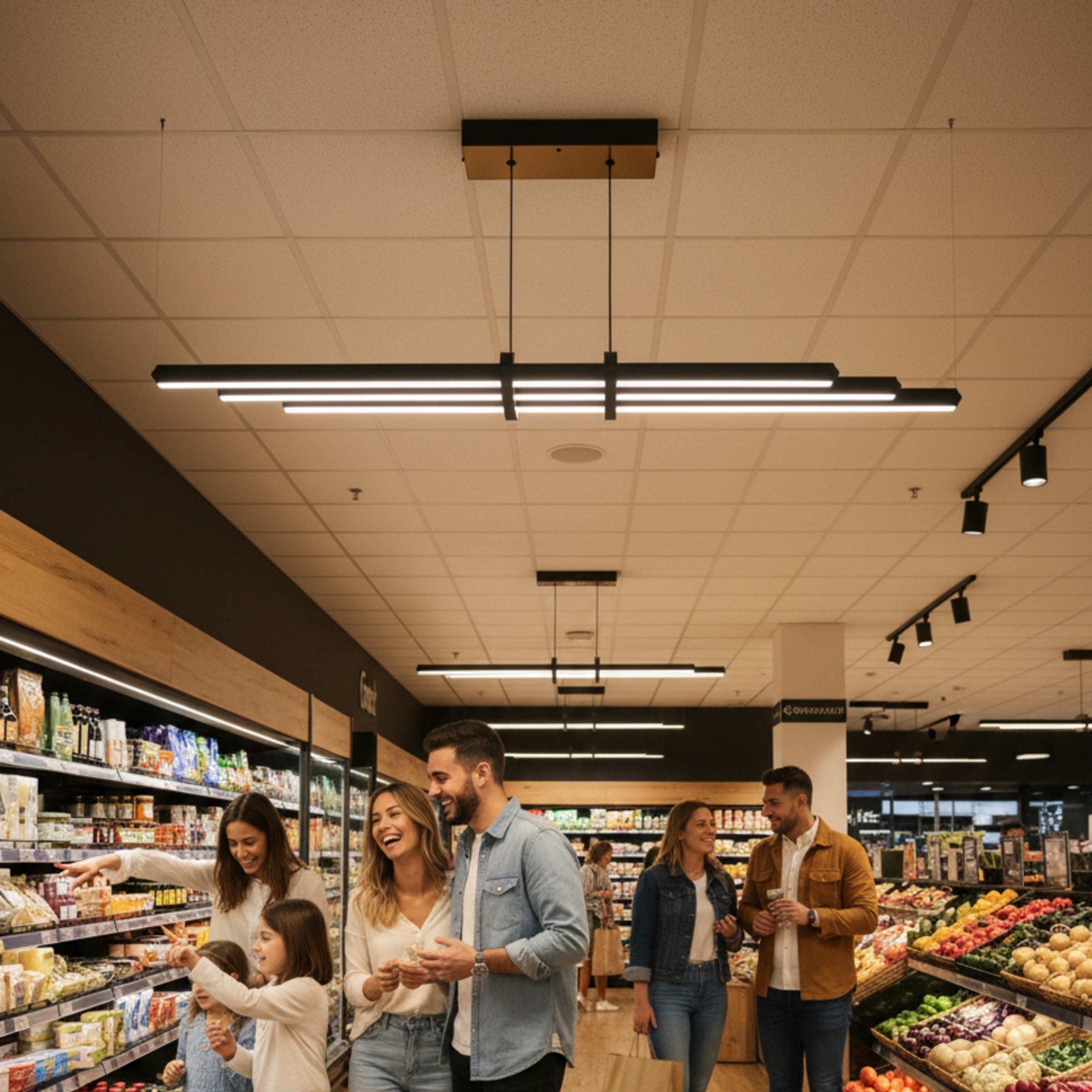 Cosmo linear sarkıt aydınlatma altında alışveriş yapan aile ve market reyonu
