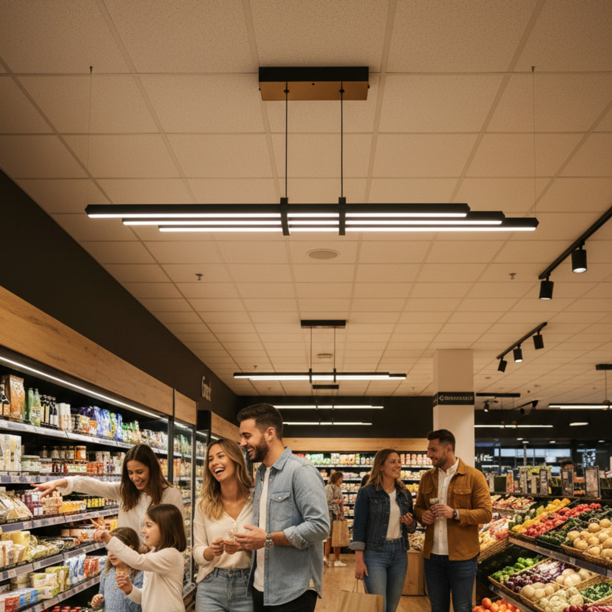 Cosmo linear sarkıt aydınlatma altında alışveriş yapan aile ve market reyonu