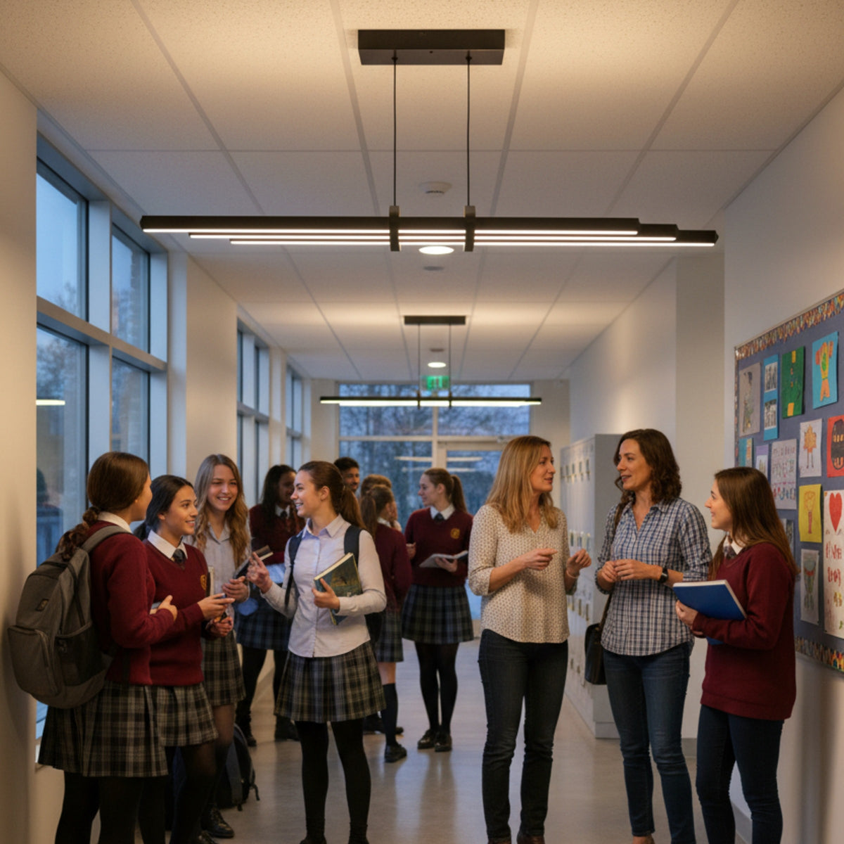Cosmo Downlight modern LED sarkıtın okul koridorundaki şık ve aydınlık duruşu ile öğrenciler.