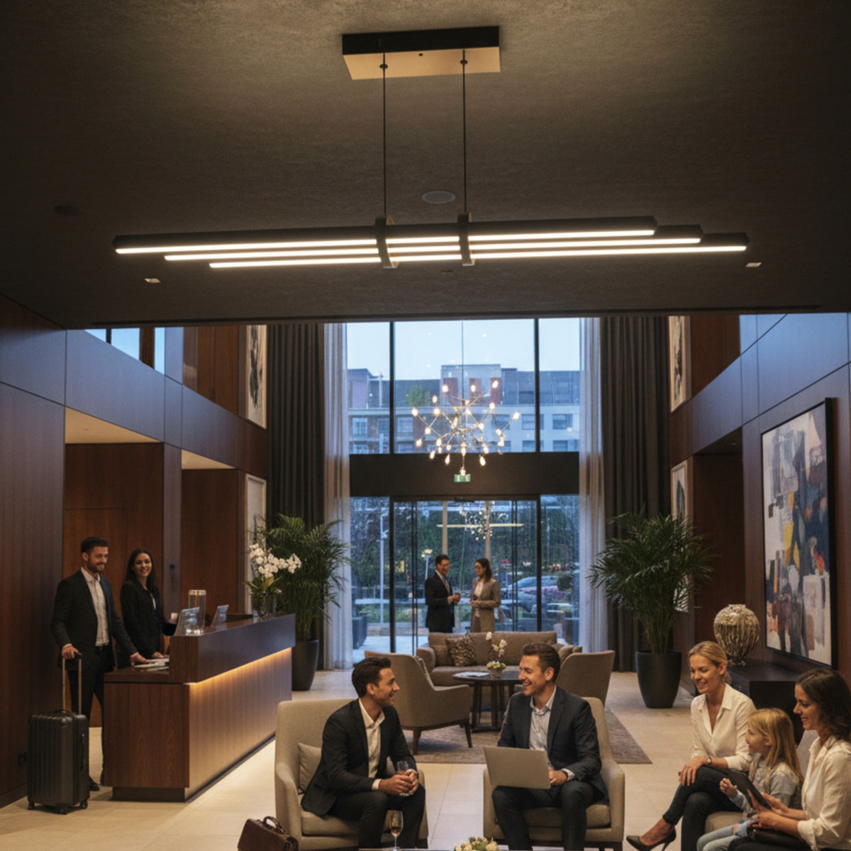Otel lobisi resepsiyon alanında Cosmo Downlight modern lineer sarkıt aydınlatma ve şık atmosfer.