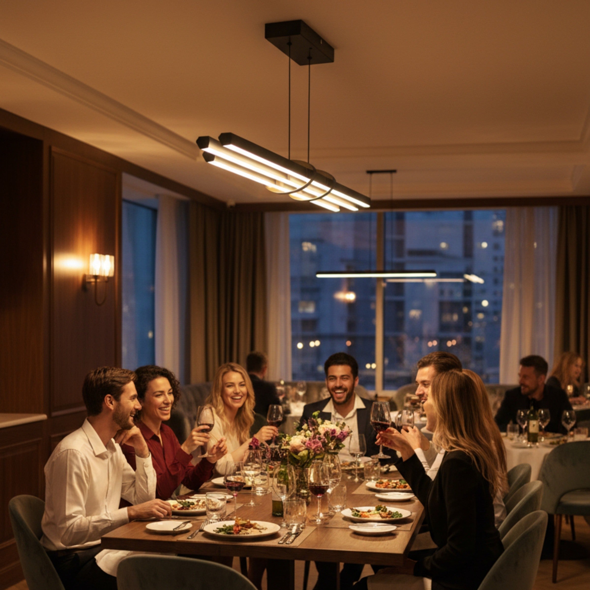 Lüks restoran masası üzerinde Cosmo Downlight siyah modern linear avize ile sıcak akşam yemeği atmosferi.