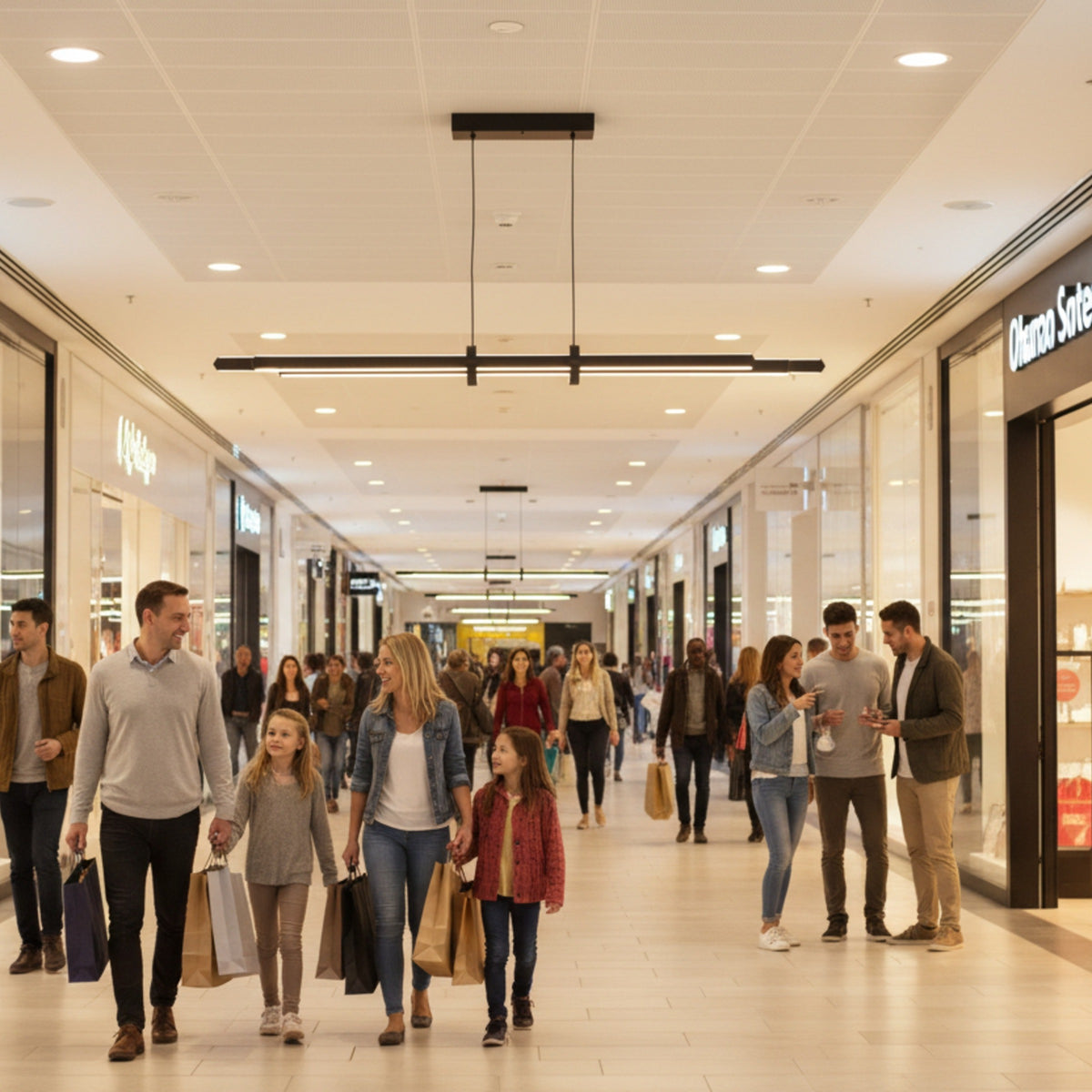 Modern alışveriş merkezi koridorunda Cosmo Up & Down çift yönlü sarkıt aydınlatma sistemleri