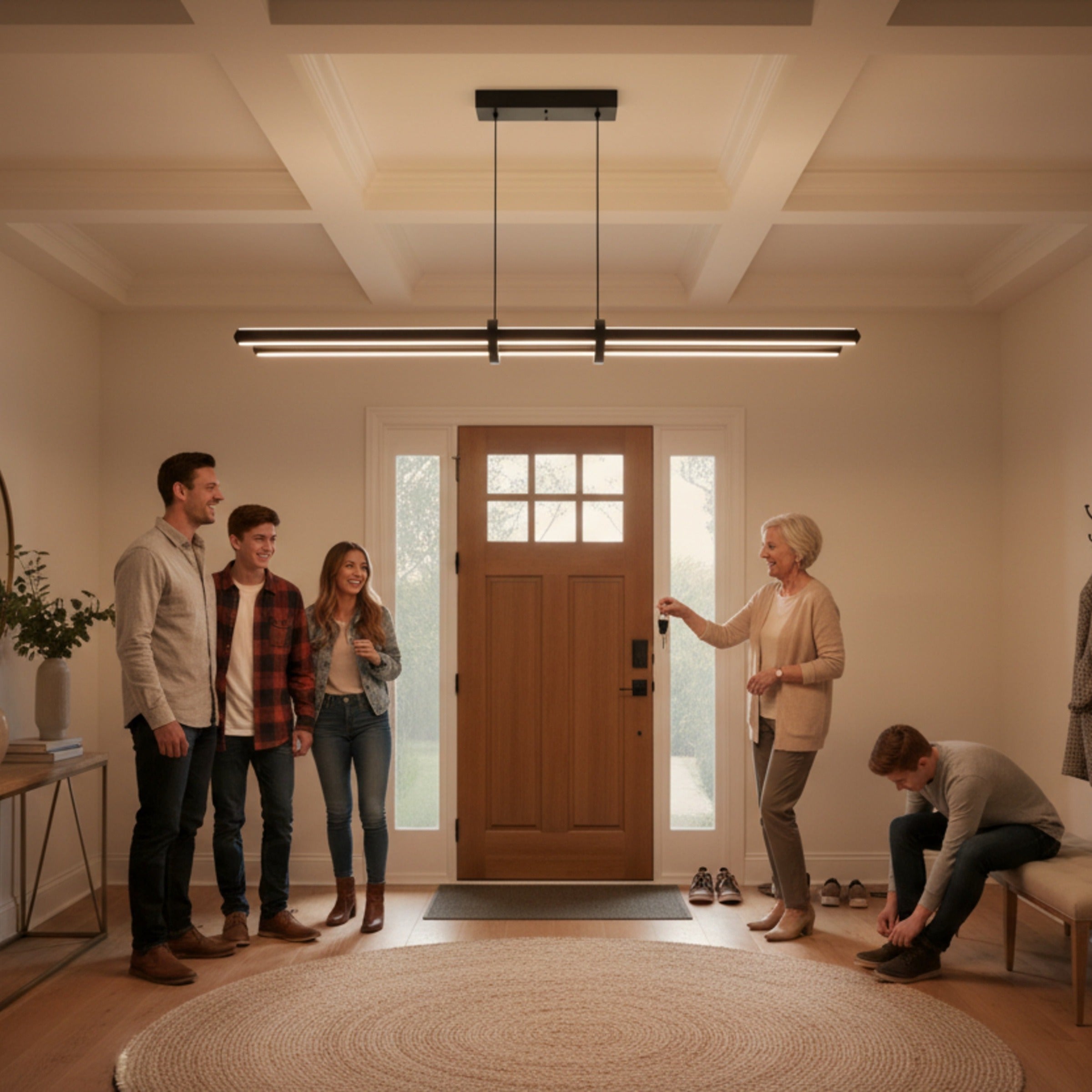 Geniş bir aile antresinde ahşap kapı önünde asılı duran siyah Cosmo Up & Down çift yönlü sarkıt avize.