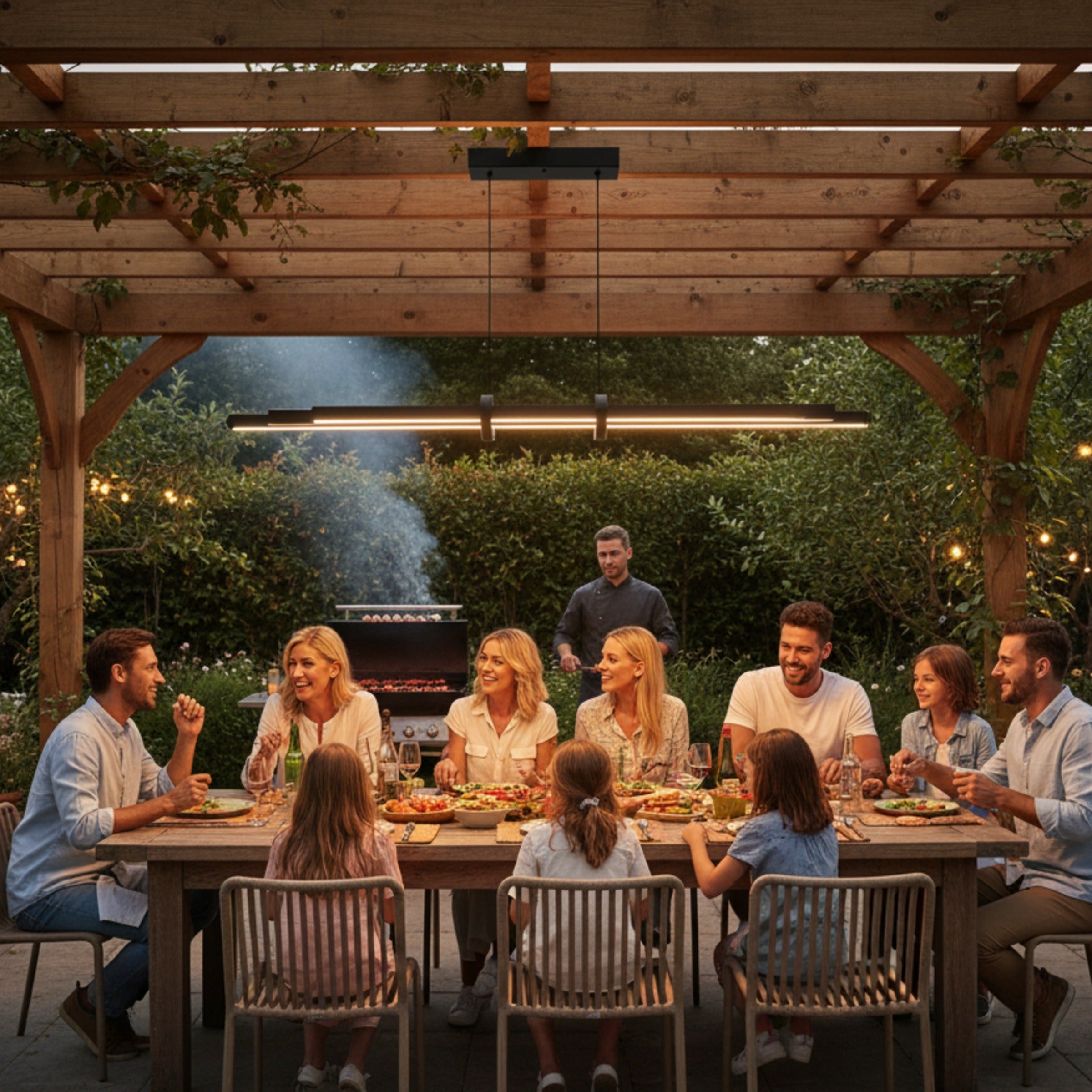 Pergole altında akşam yemeği yiyen aile üzerinde Cosmo Up & Down çift yönlü sarkıt aydınlatma.