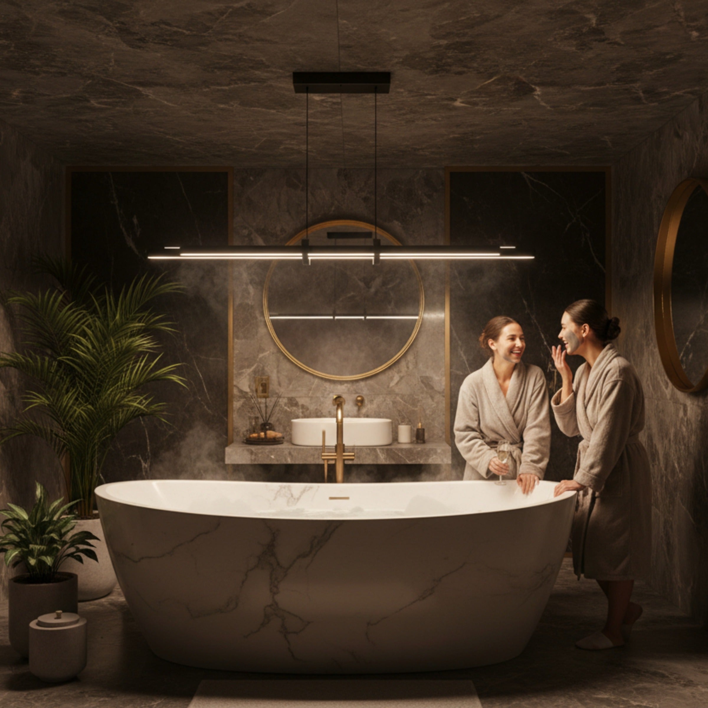 Spa atmosferli banyoda küvet üzerinde asılı Cosmo çift yönlü premium LED avize