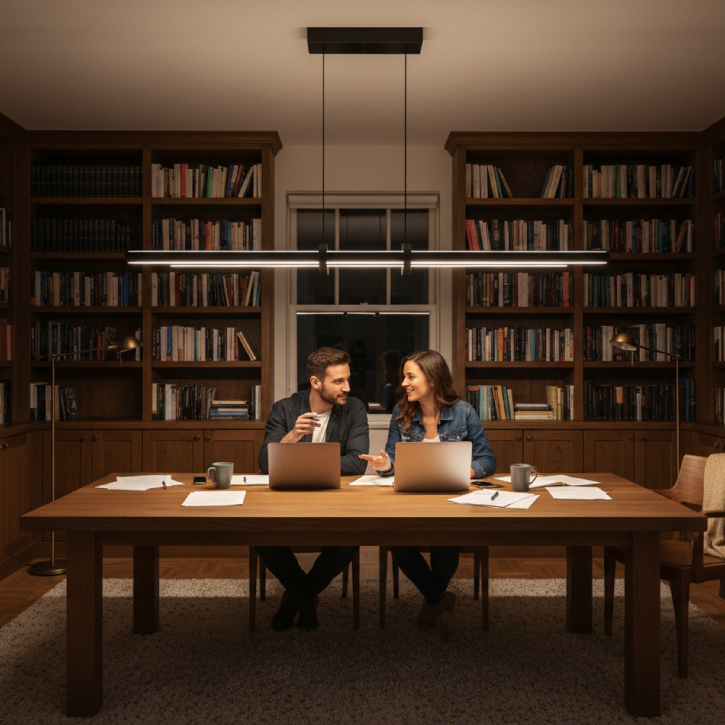 Kütüphaneli çalışma odasında çift yönlü Cosmo LED sarkıt altında çalışan çift.