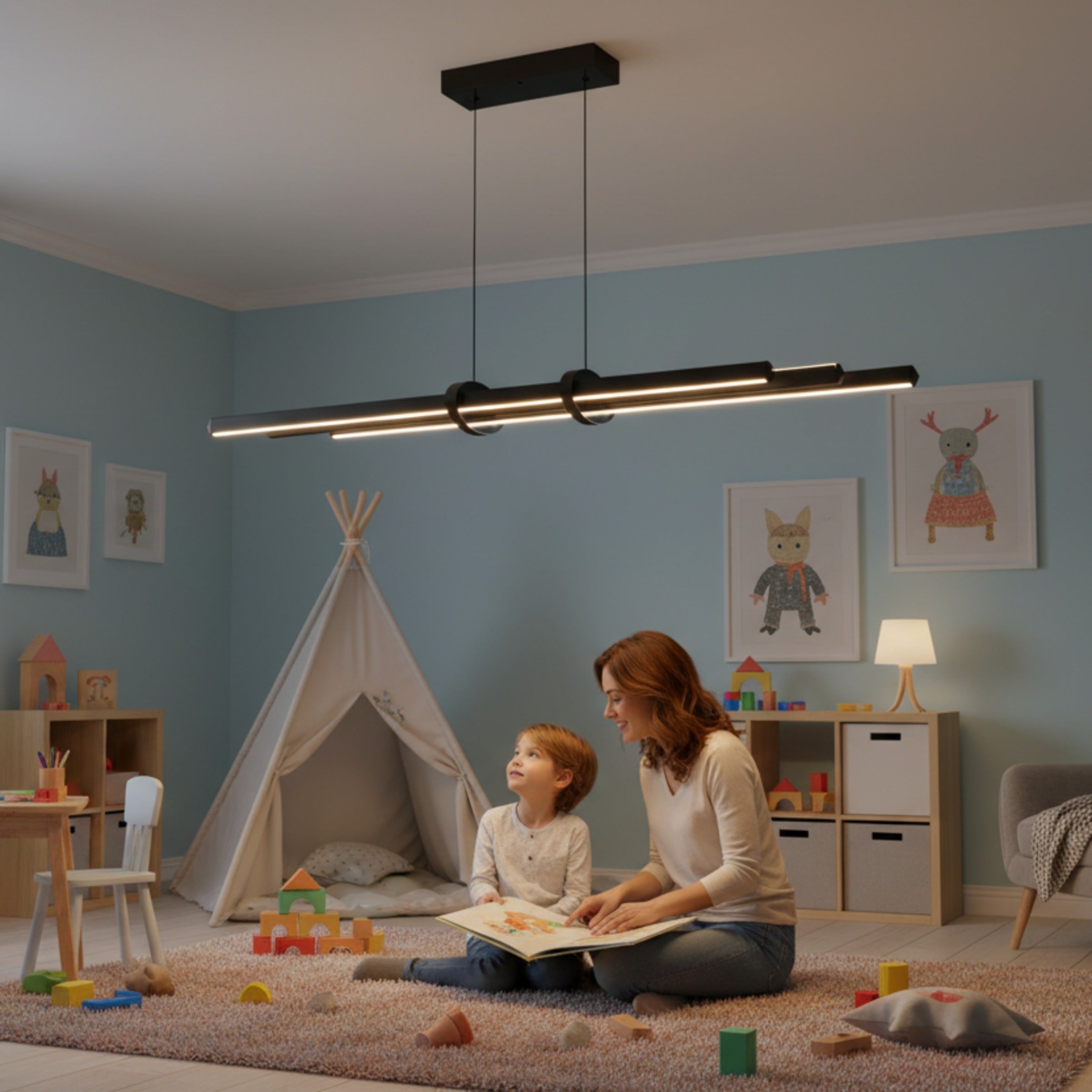 Cosmo Up Down çocuk odası sarkıt avize ile anne çocuk kitap okuma köşesi aydınlatması