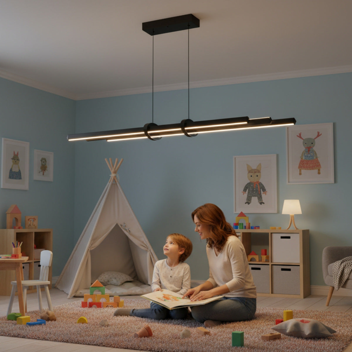 Cosmo Up Down çocuk odası sarkıt avize ile anne çocuk kitap okuma köşesi aydınlatması