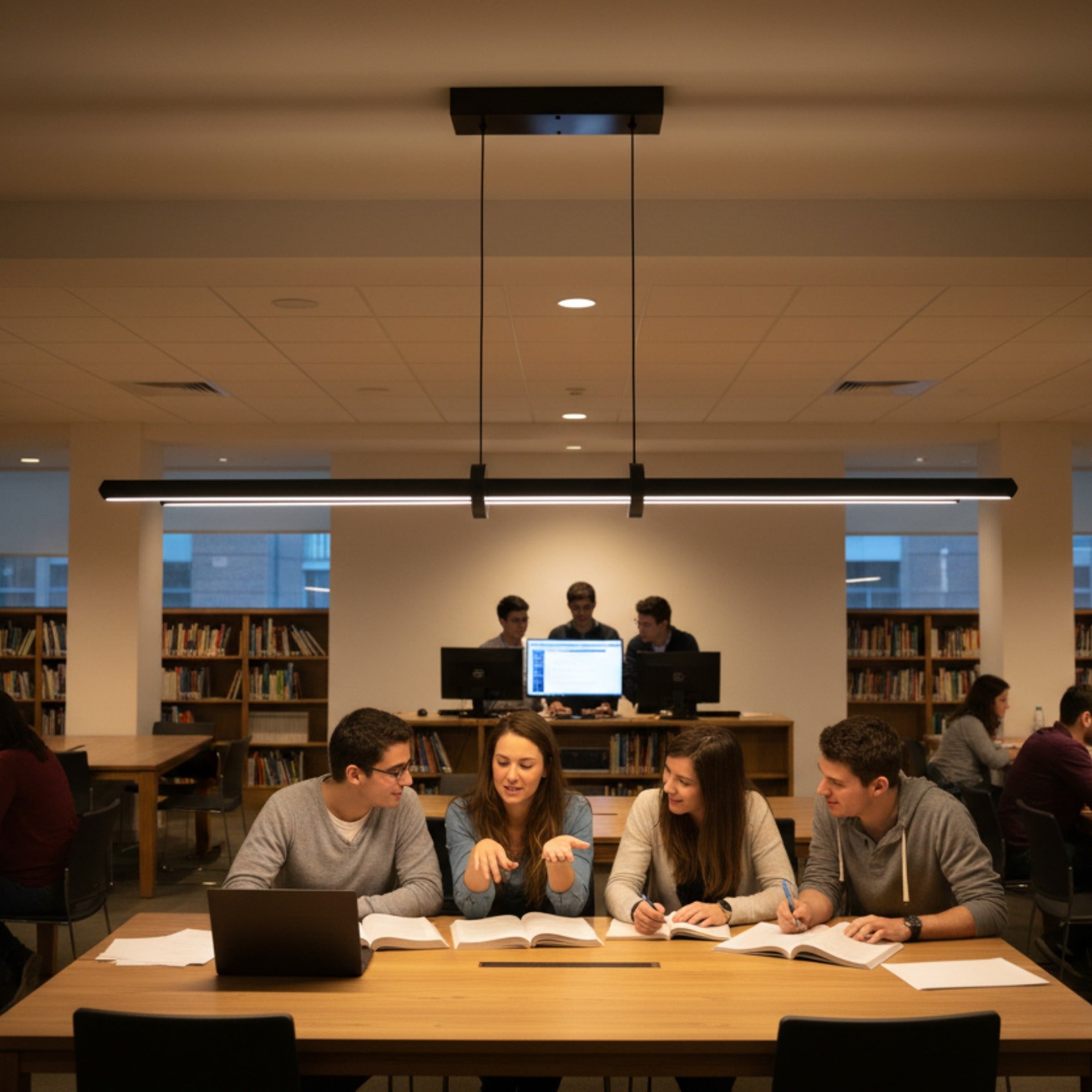 Eğitim merkezinde grup çalışması yapan öğrenciler için Cosmo Up & Down çift yönlü aydınlatma.