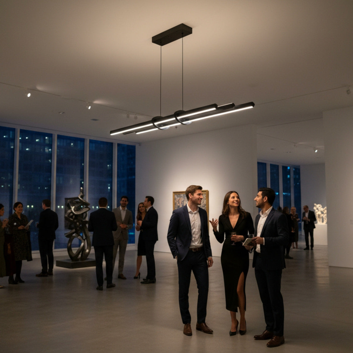 Modern bir sanat galerisinde Cosmo Up & Down çift yönlü sarkıt aydınlatma altında sohbet eden şık insanlar.