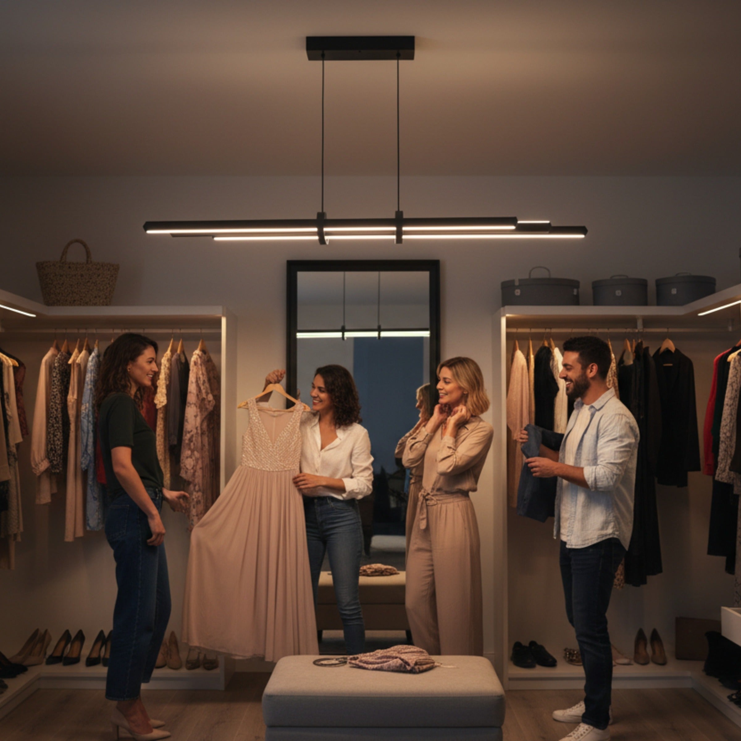Cosmo Up & Down sarkıt avize ile aydınlatılan lüks bir giyinme odasında elbise seçimi yapan zarif kadınlar ve modern erkekler.