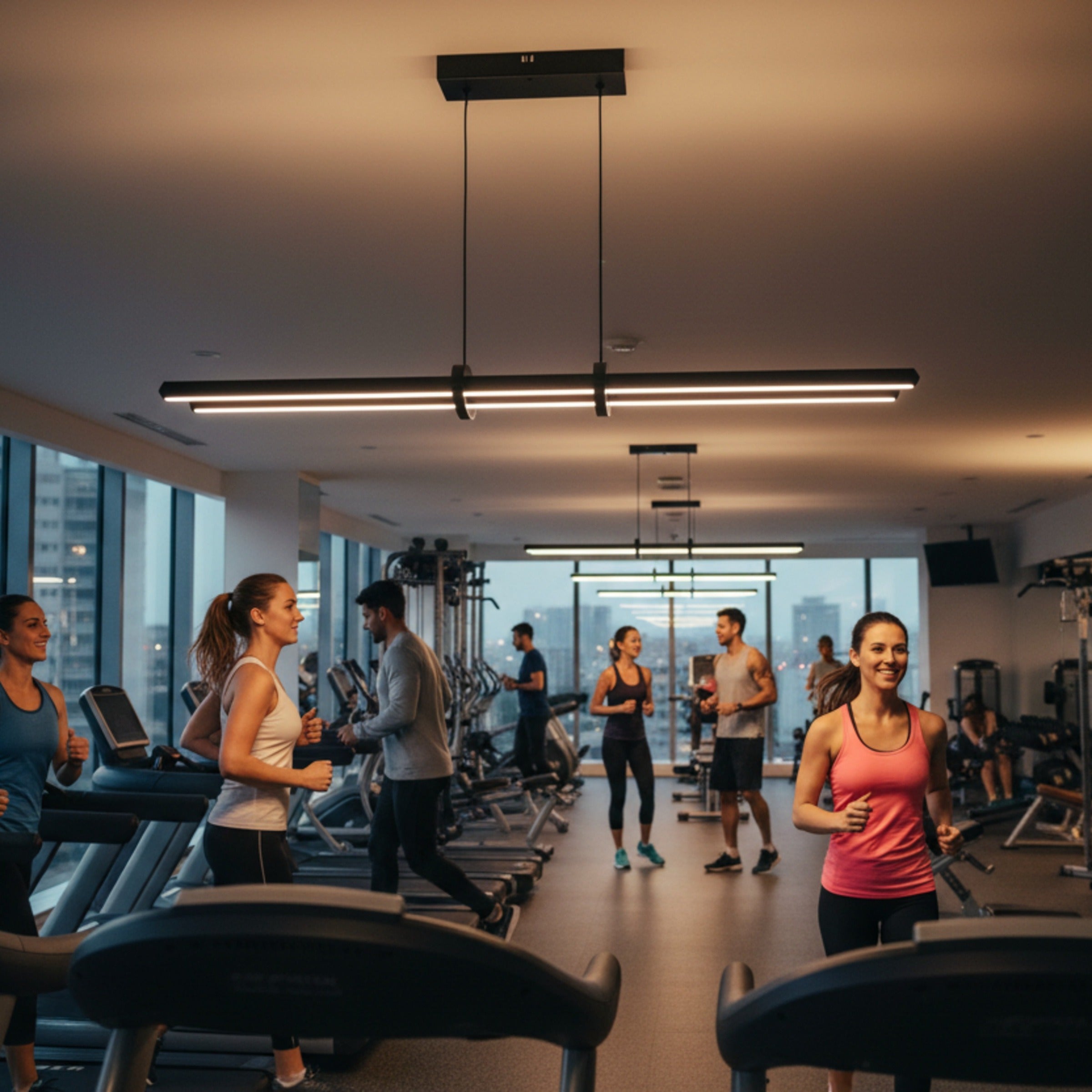 Cosmo Up & Down sarkıt avizenin spor salonu koşu bandı alanındaki modern aydınlatması.