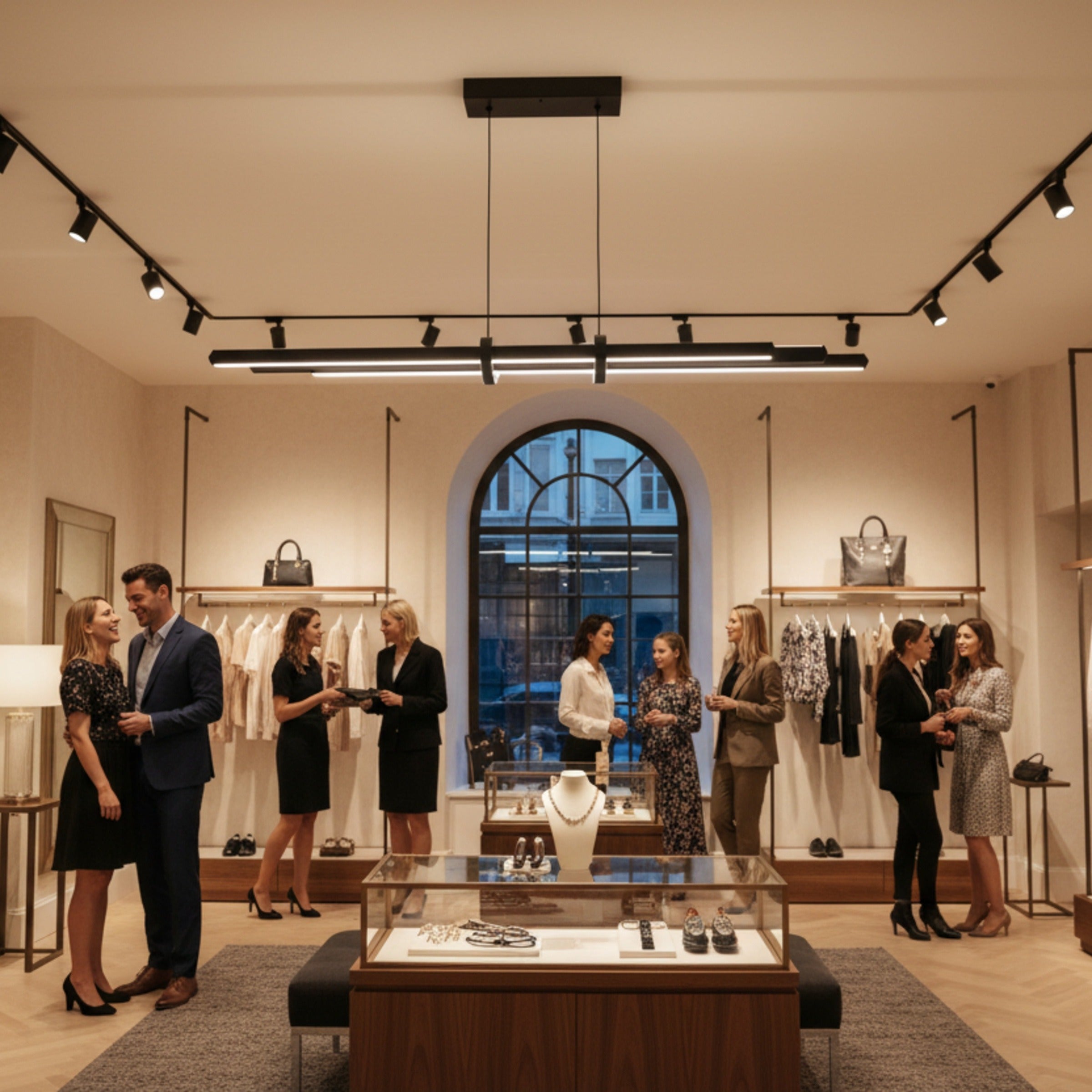 Cosmo Up & Down siyah sarkıt avize ile l<ks giyim mağazası aydınlatma tasarımı.