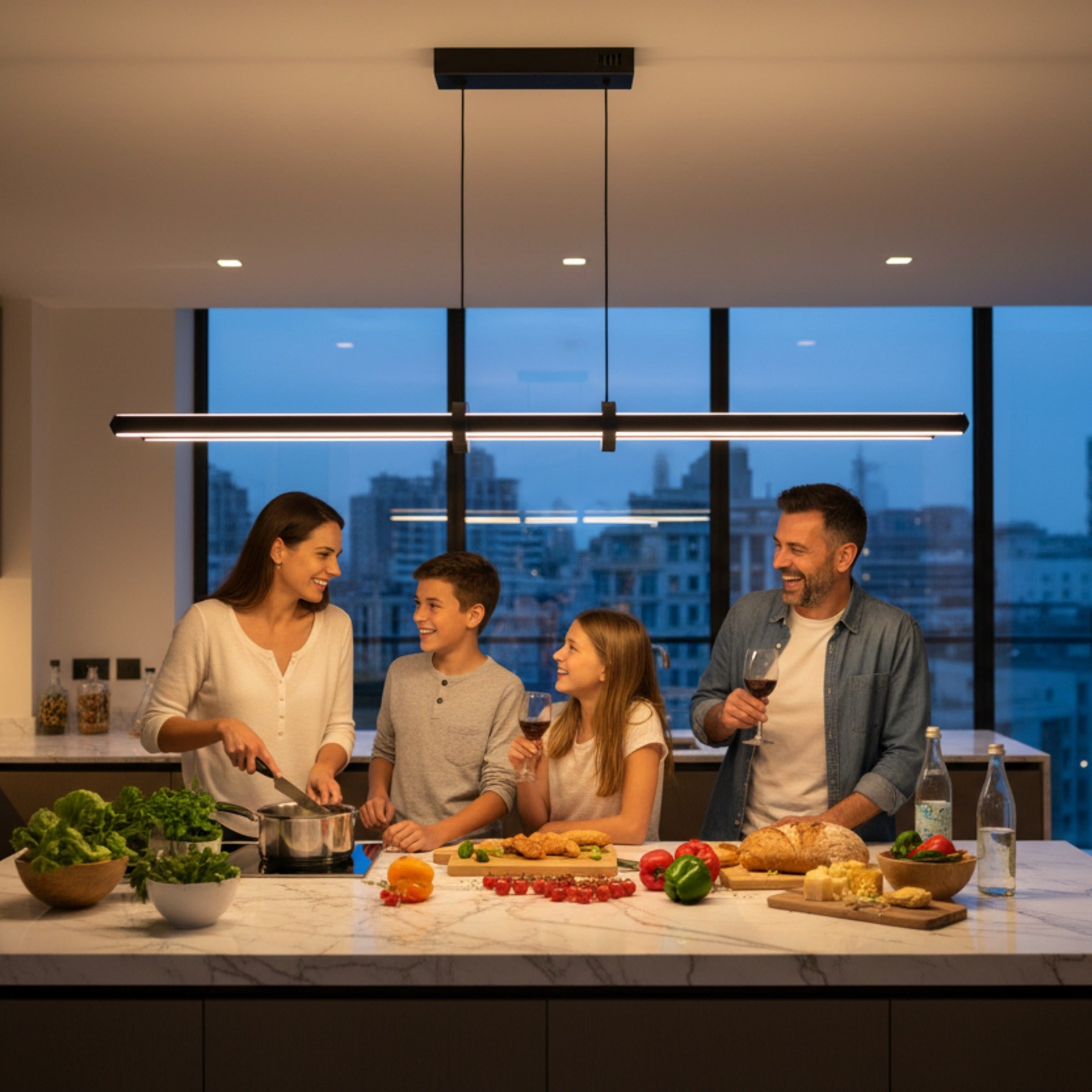 Mutfak adası üzerinde Cosmo Up & Down premium sarkıt avize ile yemek hazırlayan mutlu aile.