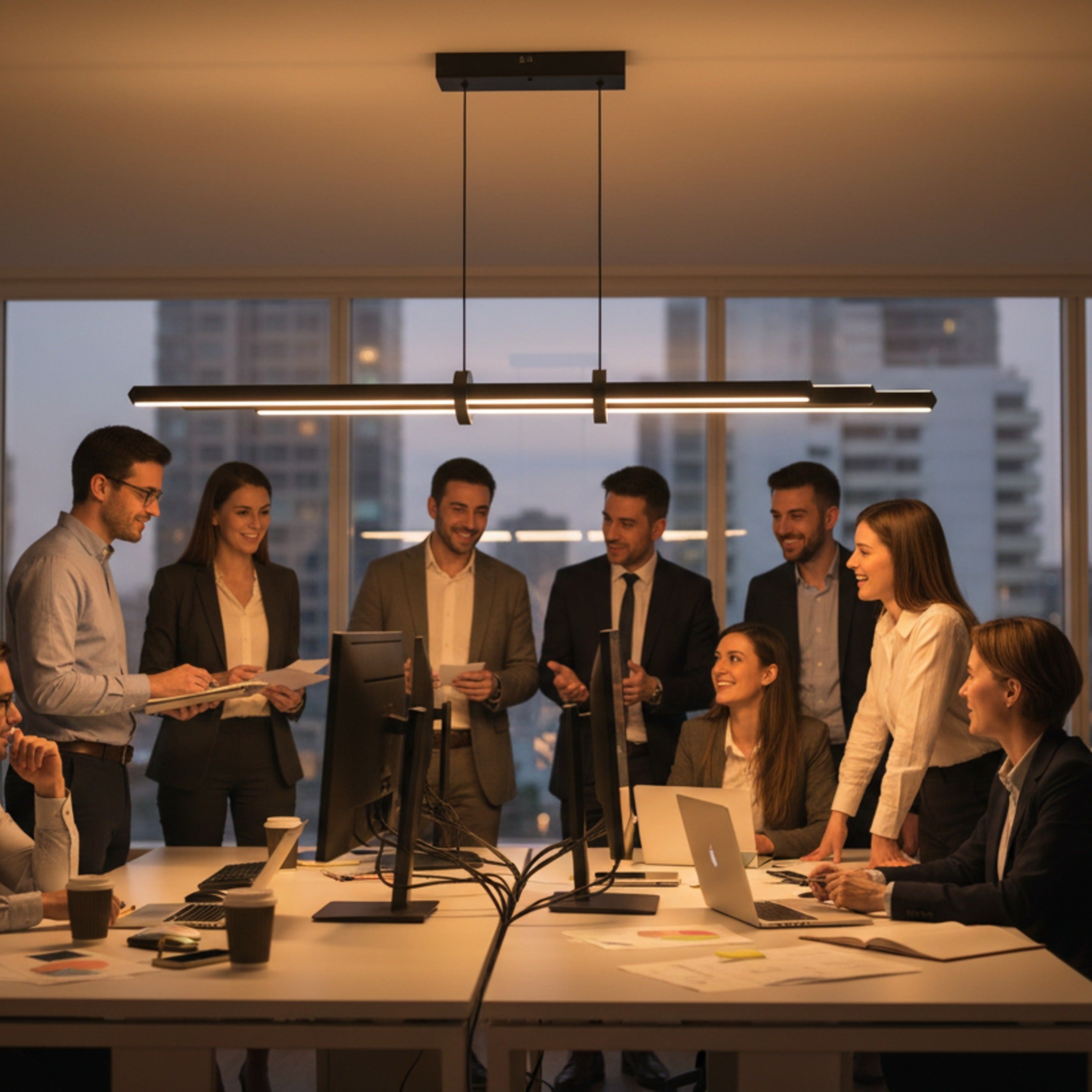 Cosmo Up & Down siyah lineer sarkıt avize ile modern ofis toplantı masası aydınlatması.