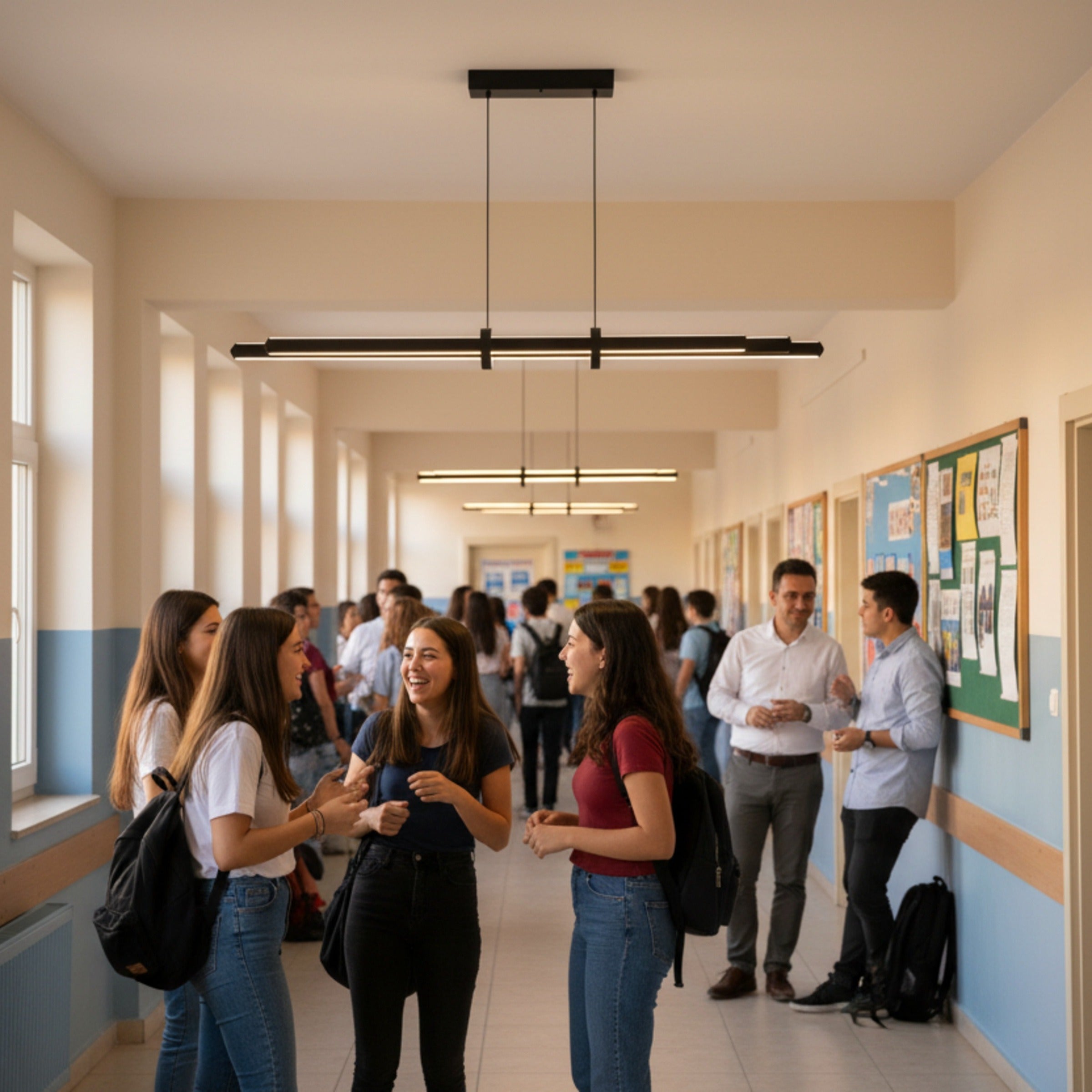 Okul koridorunda Cosmo Up Down sarkıt lamba ile modern ve güvenli aydınlatma.