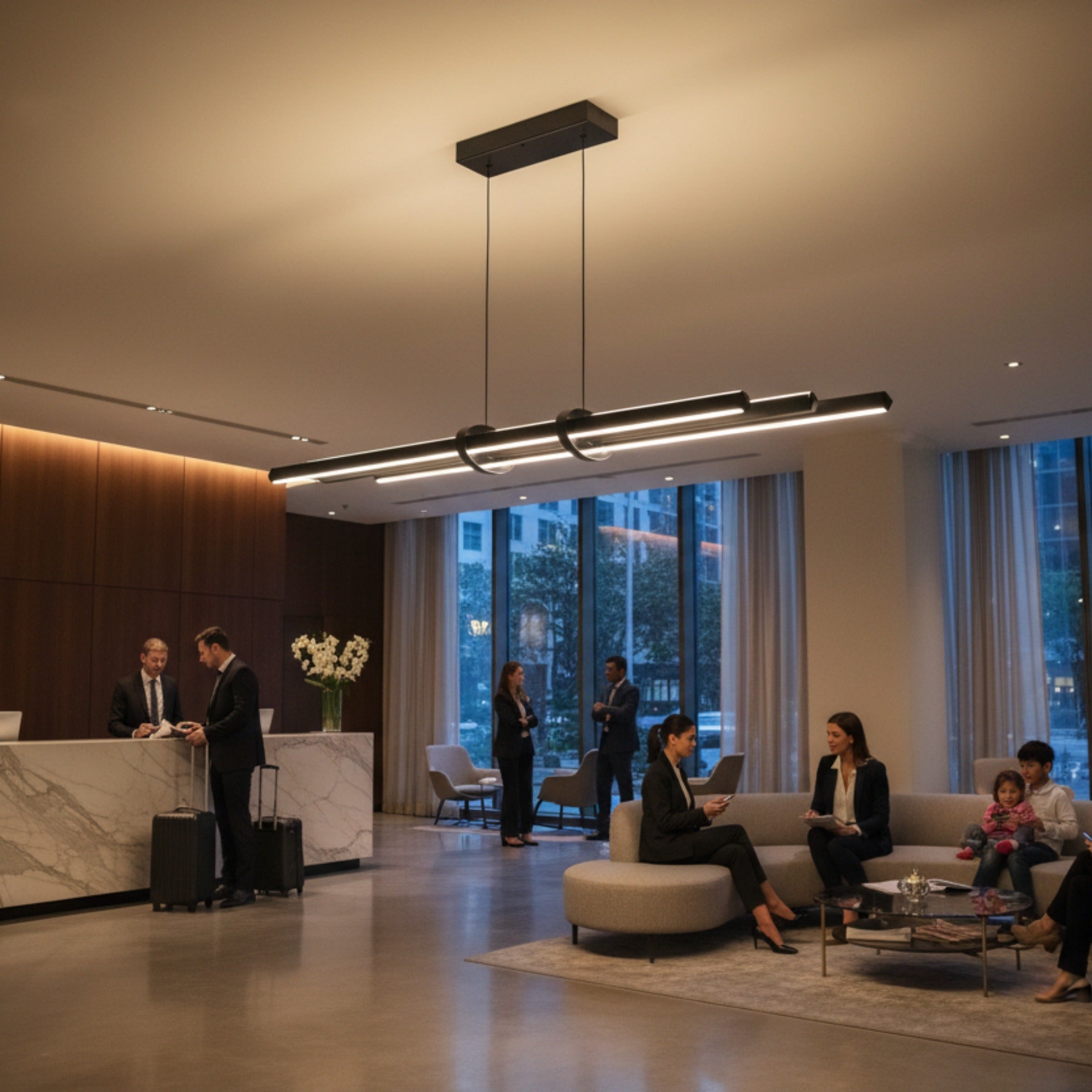 Lüks otel lobisi resepsiyon alanında Cosmo up down sarkıt aydınlatma ile modern bir karşılama atmosferi.