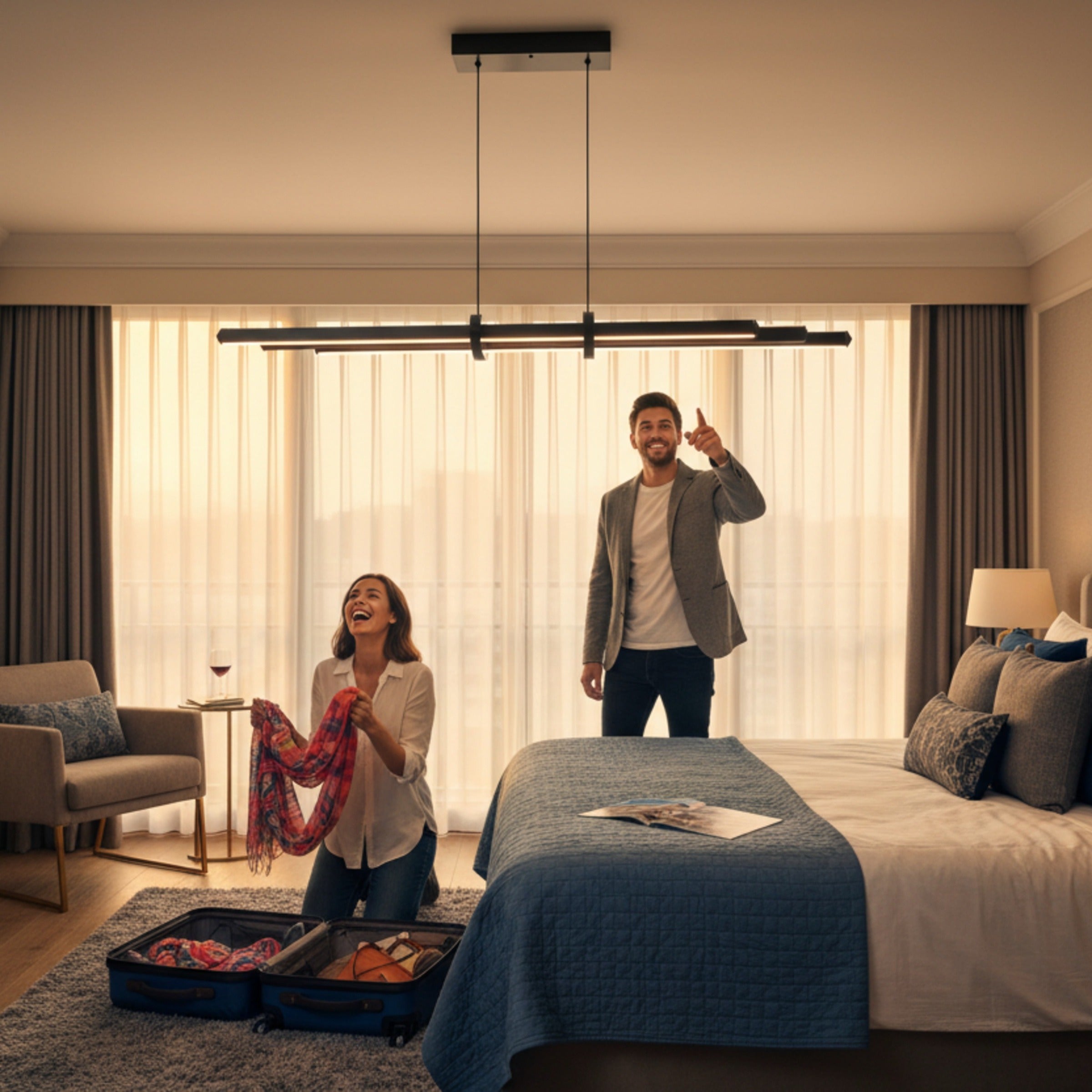 Otel odası yatak başında lüks atmosfer yaratan Cosmo Up & Down siyah sarkıt led avize.