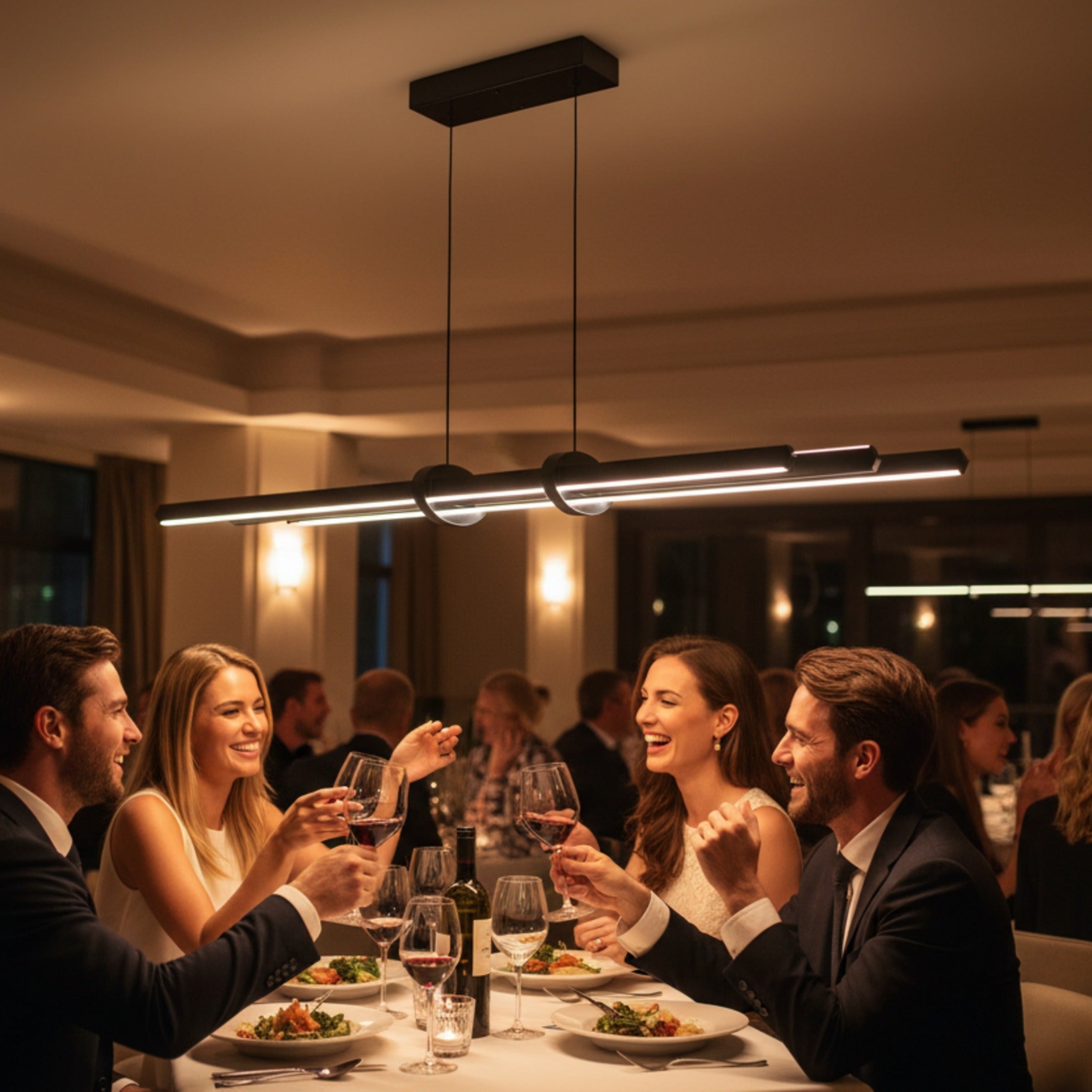 Lüks restoran masasında Cosmo çift yönlü sarkıt avize ile sıcak atmosfer.