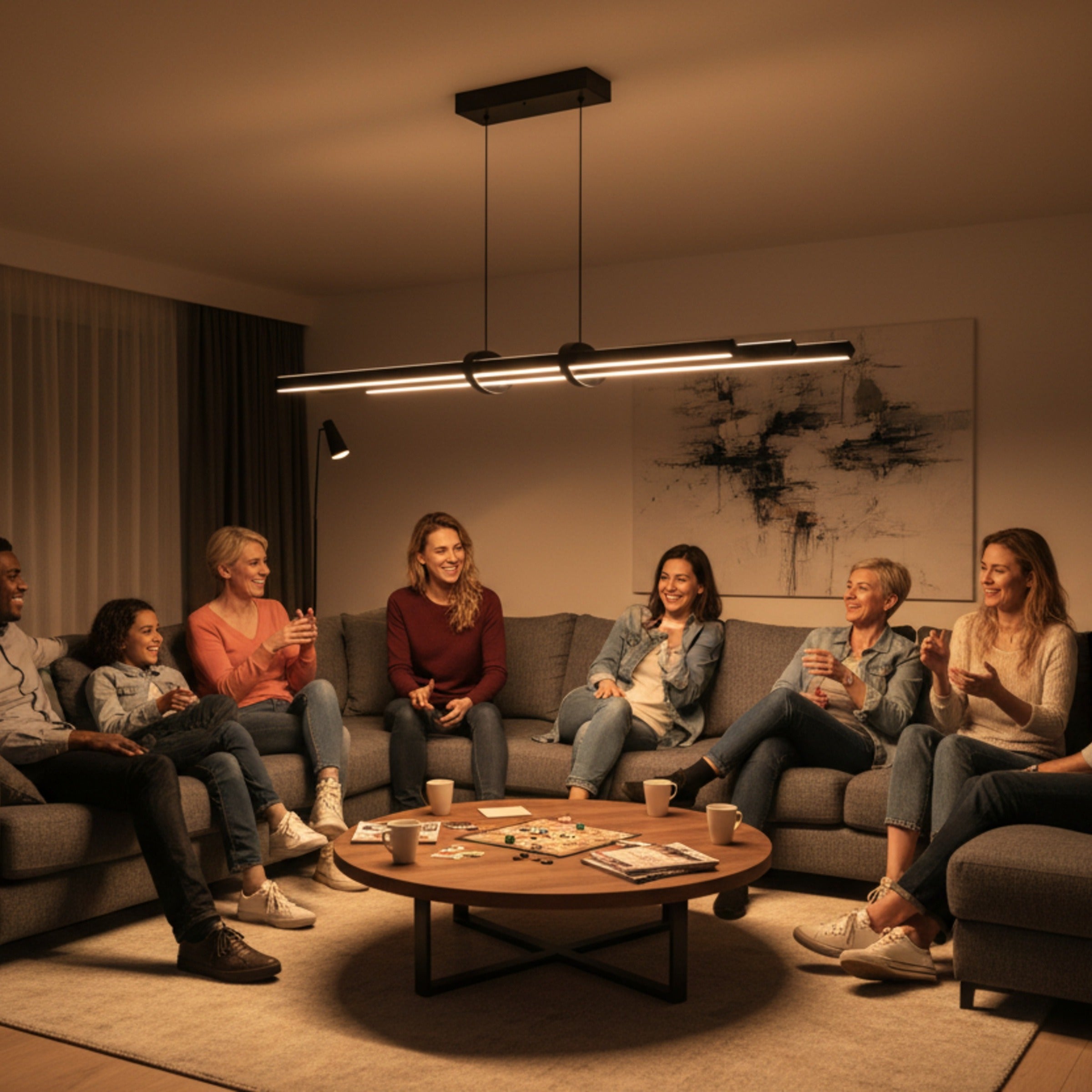 Modern salon koltuğunda oturan aileye eşlik eden Cosmo sarkıt avize.