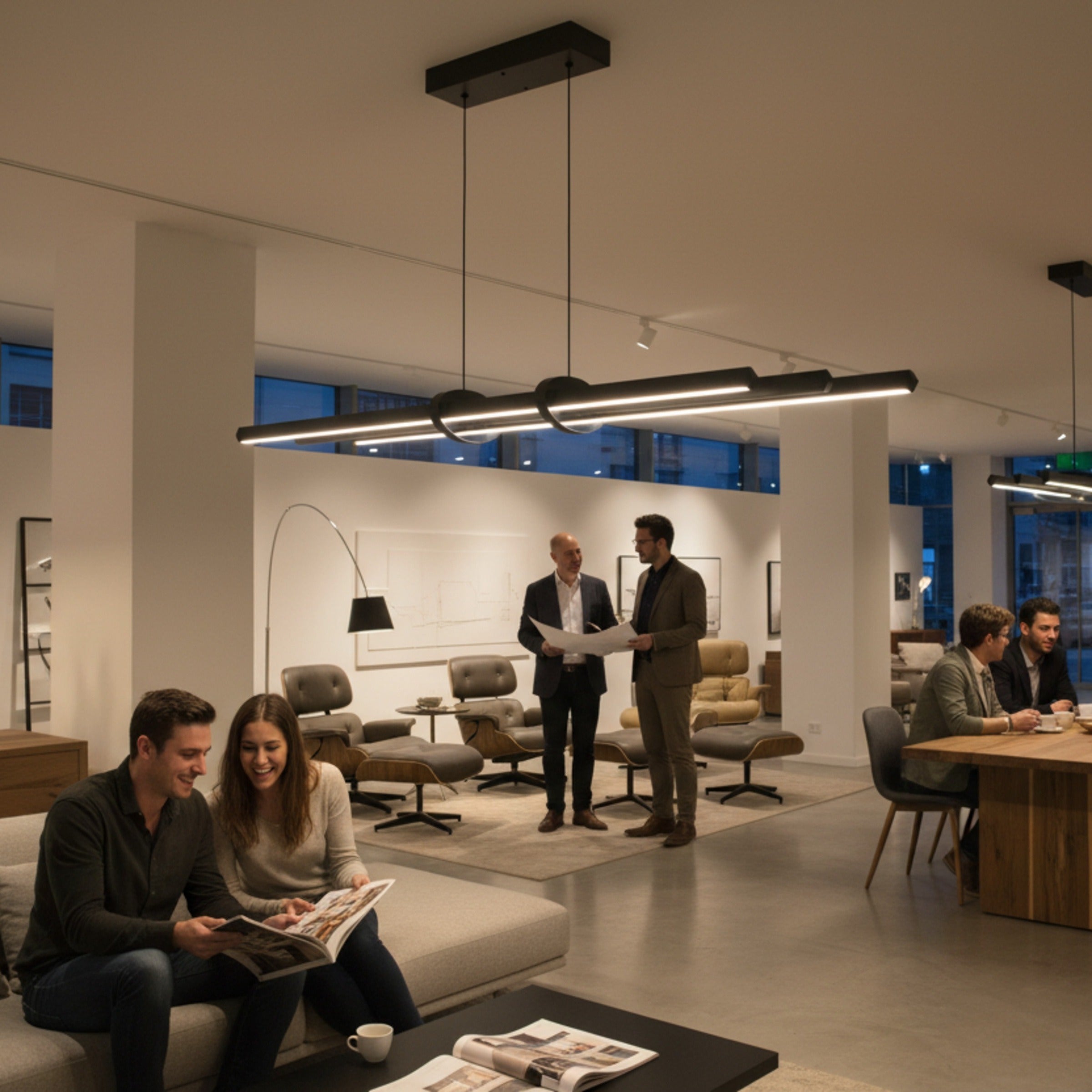 Modern showroom oturma alanında Cosmo Up & Down siyah sarkıt avizenin yarattığı lüks atmosfer.