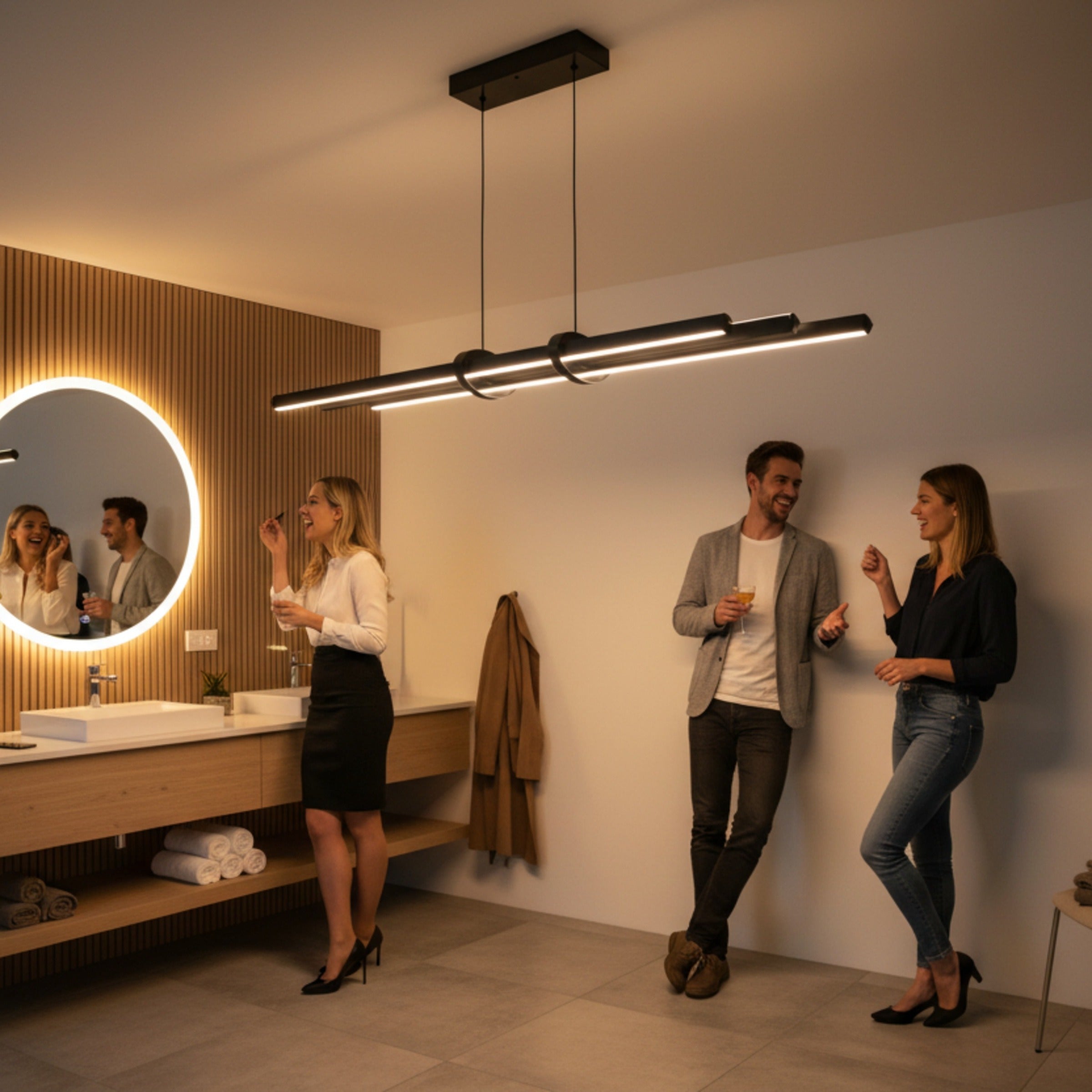 Modern banyo dekorasyonunda ayna önü lüks Cosmo up down sarkıt aydınlatma.