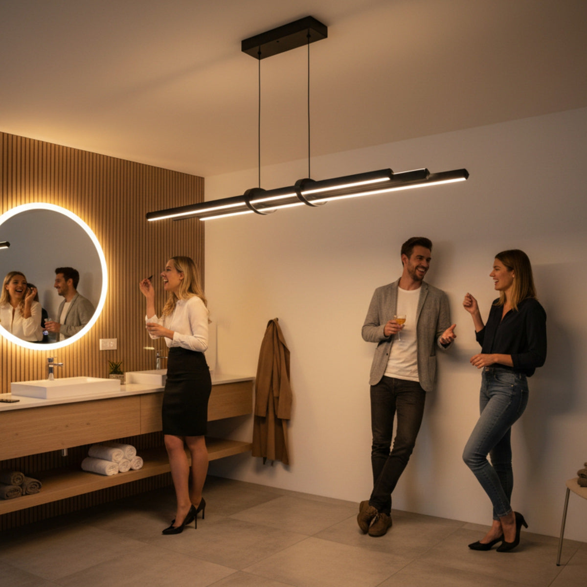 Modern banyo dekorasyonunda ayna önü lüks Cosmo up down sarkıt aydınlatma.