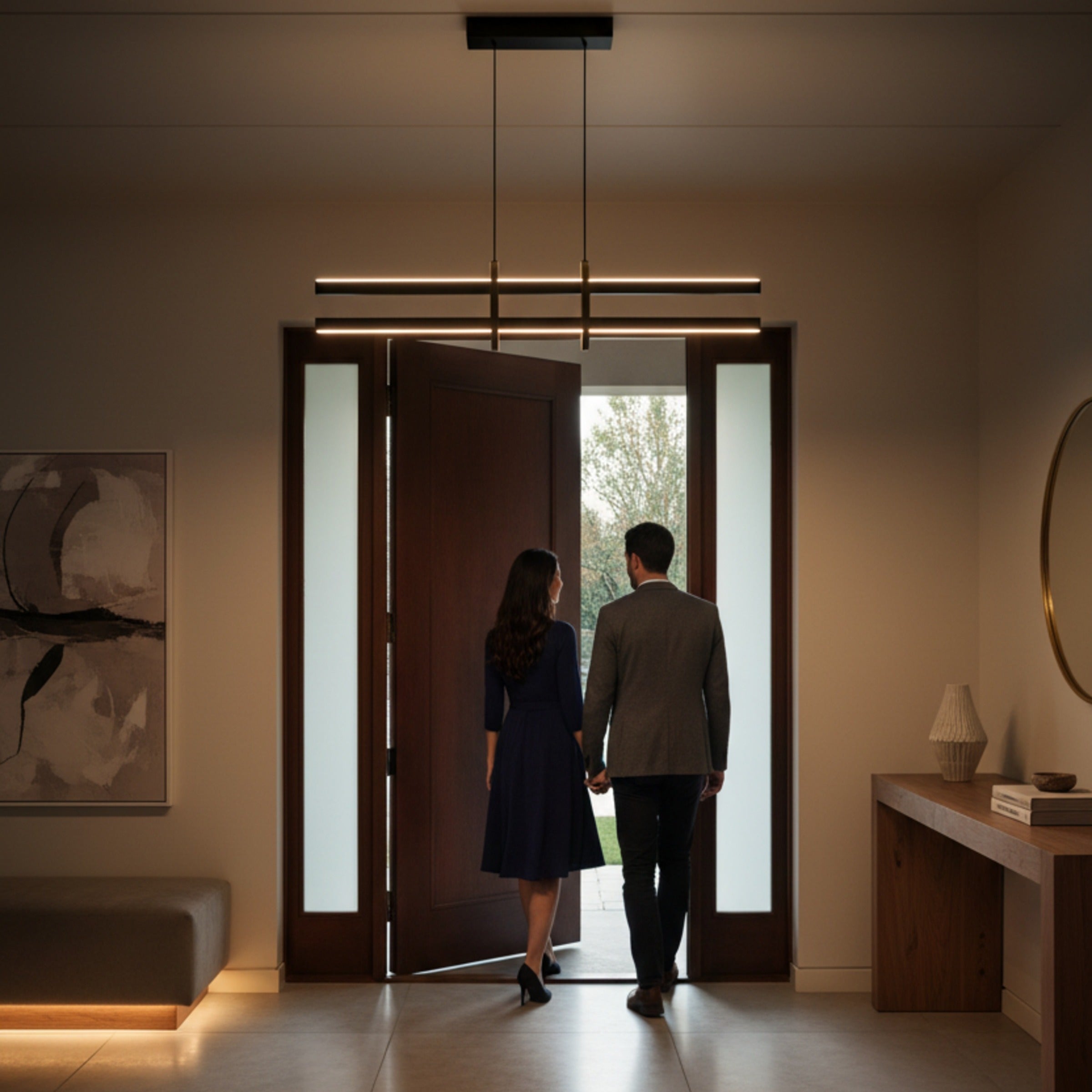 Geniş bir antre girişinde modern kapı önünde şık giyimli çifti karşılayan Halo modern lineer led sarkıt avize tasarımı.