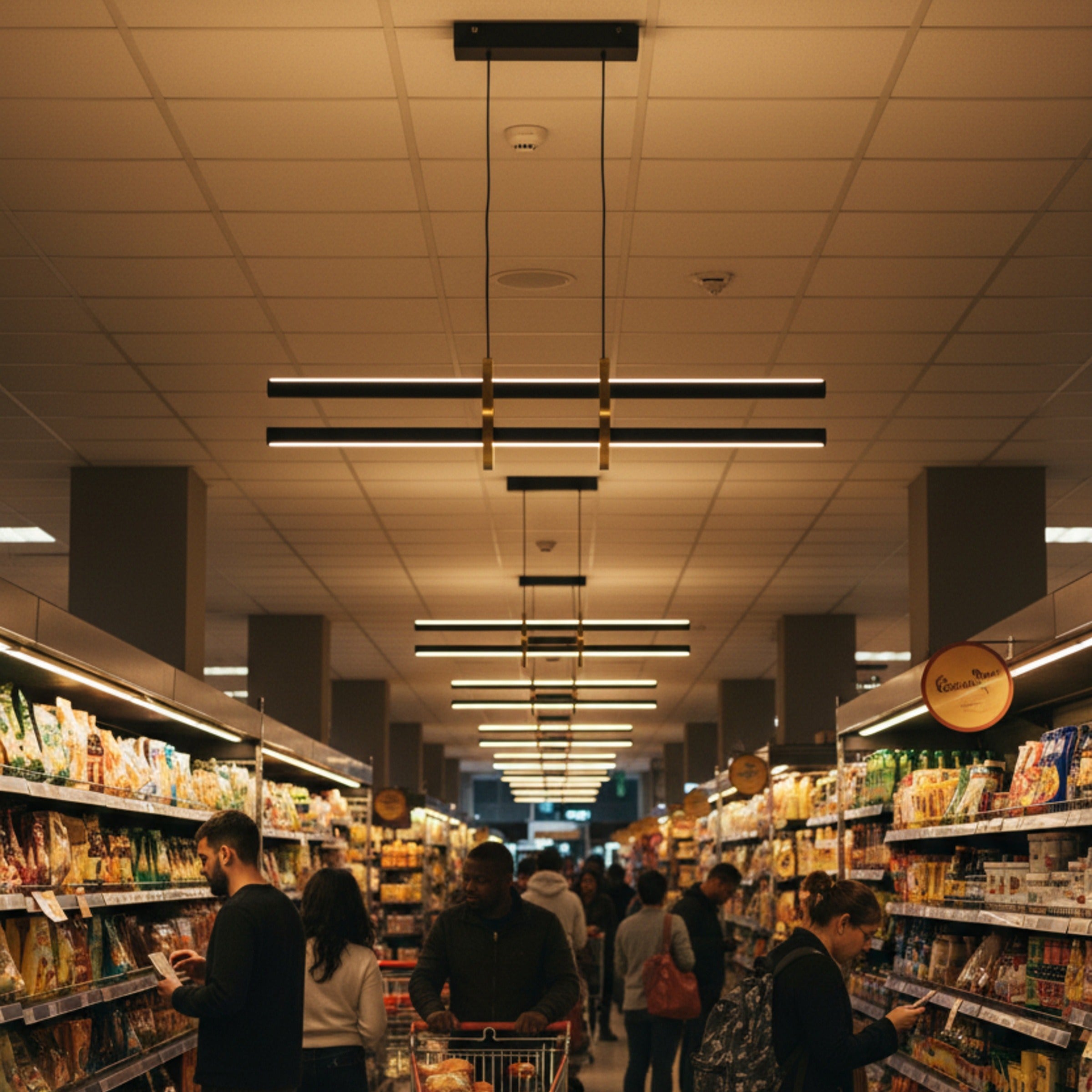 Halo modern lineer led sarkıt avize ile lüks market reyonu aydınlatması.
