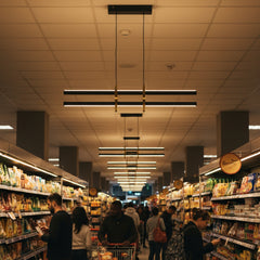 Halo modern lineer led sarkıt avize ile lüks market reyonu aydınlatması.