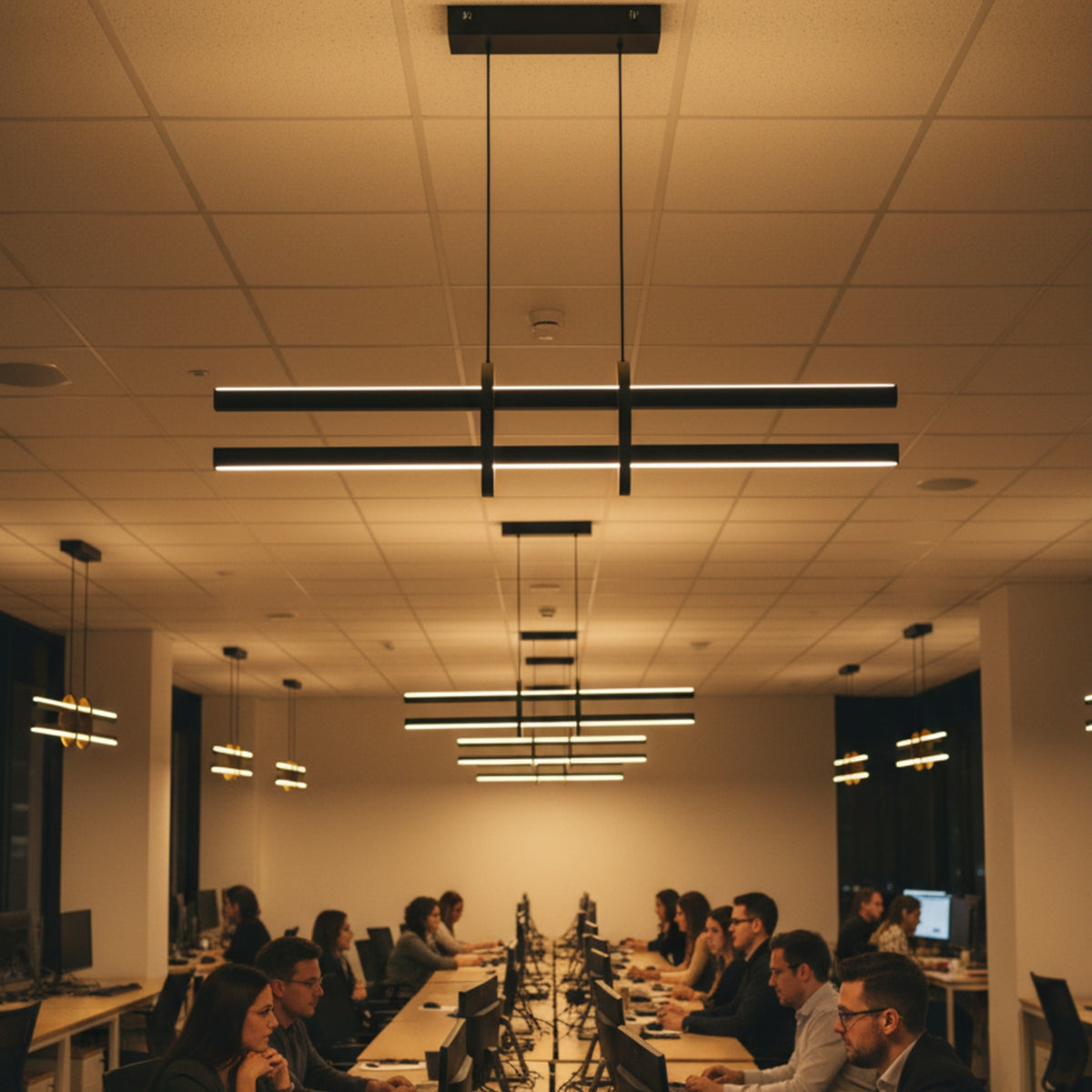 Modern ofis ortamında çalışanlar için ideal Halo çift lineer sarkıt avize aydınlatma tasarımı