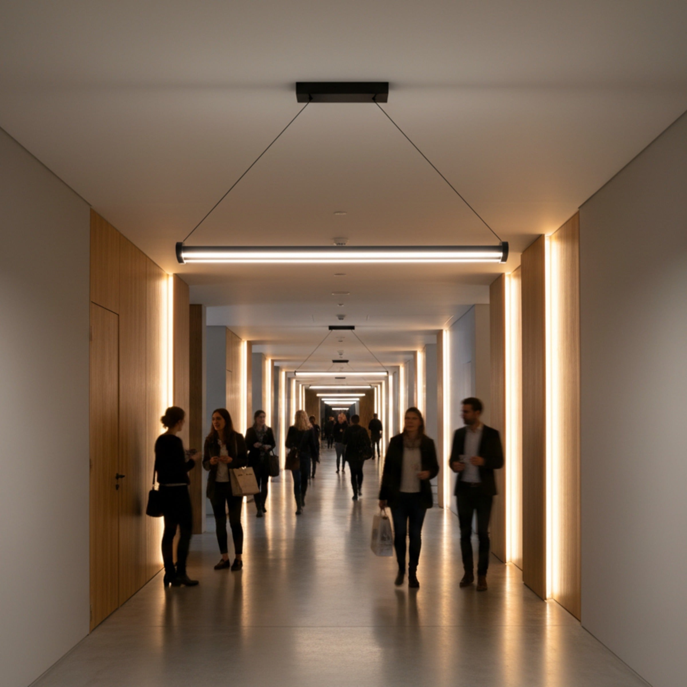 Mira modern lineer LED sarkıt avize, kalabalık ve lüks bir otel koridorunda modern bir aydınlatma atmosferi yaratıyor.