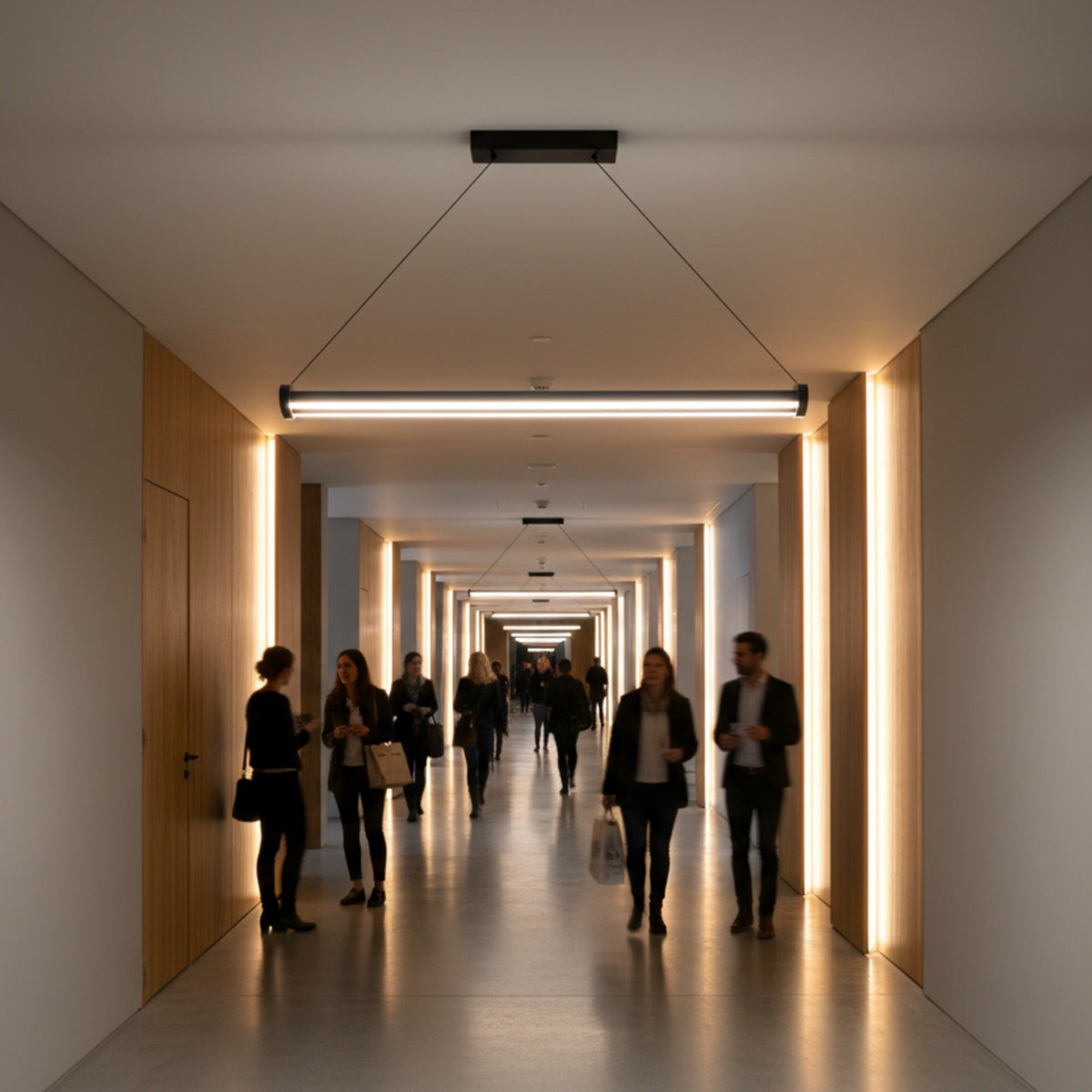 Mira modern lineer LED sarkıt avize, kalabalık ve lüks bir otel koridorunda modern bir aydınlatma atmosferi yaratıyor.