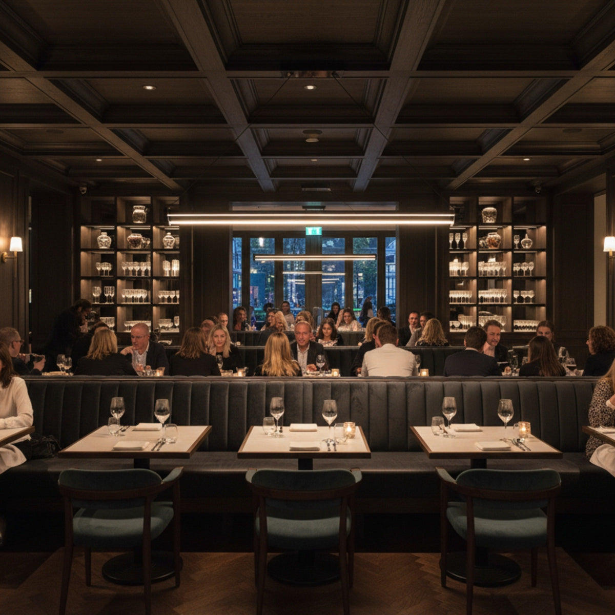 Mira siyah lineer led sarkıt avizenin lüks bir restoran salonunda masalar üzerinde yarattığı sıcak ve loş atmosfer