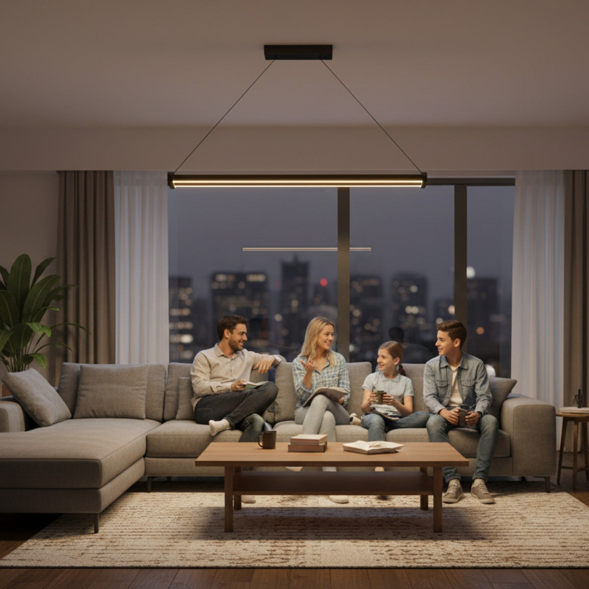 Salon oturma grubunda Mira modern lineer LED sarkıt avize altında sohbet eden aile.