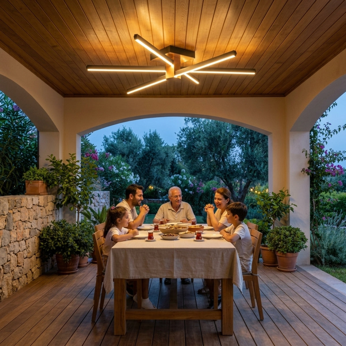EnzoLight Nova Six Modern LED Tavan Avize Plafonyer - Kış Bahçesi ve Teras Çağdaş İç Mimari Tasarımında Akşam Açık Işıkla Homojen Sıcak Aydınlatma Ambiyansı