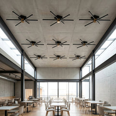 EnzoLight Nova Six Modern LED Tavan Avize Plafonyer - Cafe, Bar ve Restoran Masası Modern Mimari Çizgilerle Gündüz Doğal Gün Işığında Tavana Montaj Görünümü