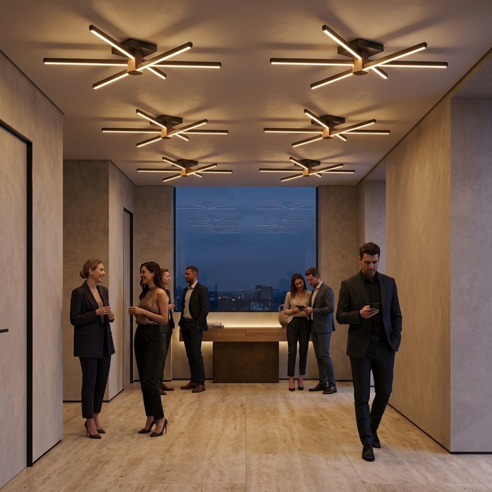 EnzoLight Nova Six Modern LED Tavan Avize Plafonyer - Hol ve Koridor Tavanı Perspektif Mimari Yerleşiminde Akşam Açık Işıkla Homojen Sıcak Aydınlatma Ambiyansı