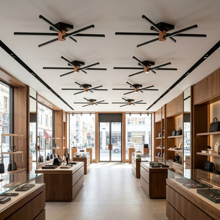 EnzoLight Nova Six Modern LED Tavan Avize Plafonyer - Mağaza ve Showroom Tavanı Çağdaş İç Mimari Tasarımında Gündüz Doğal Gün Işığında Tavana Montaj Görünümü